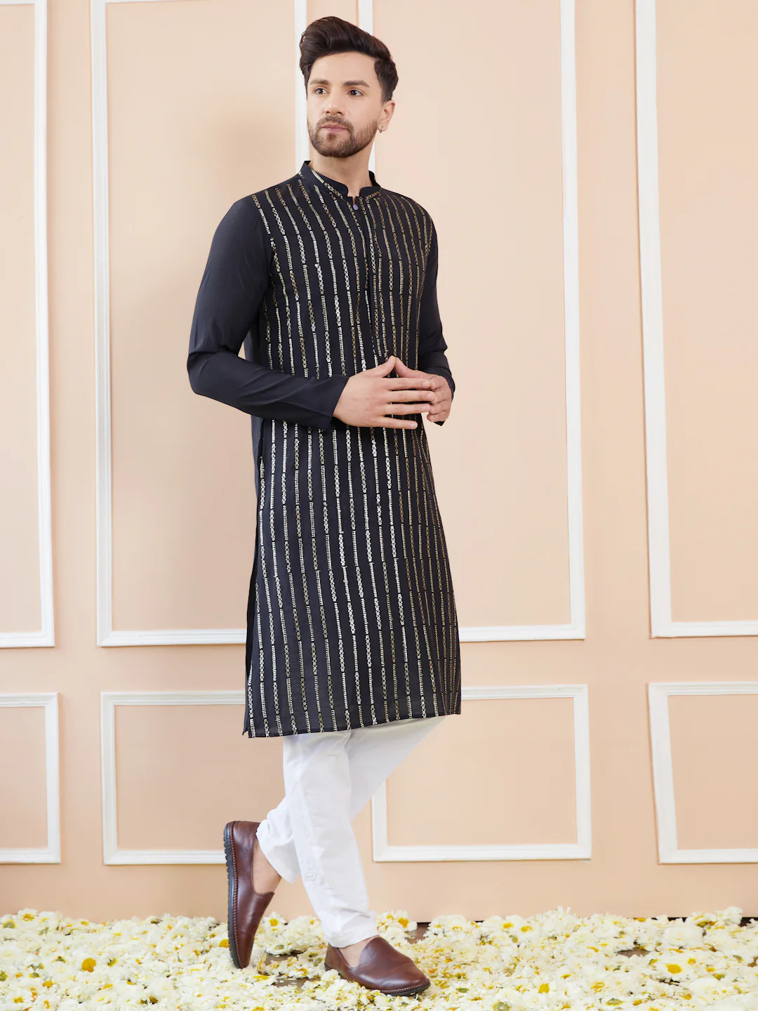 Men Black And Gold Chanderi Silk Sequins Kurta - Image 4
