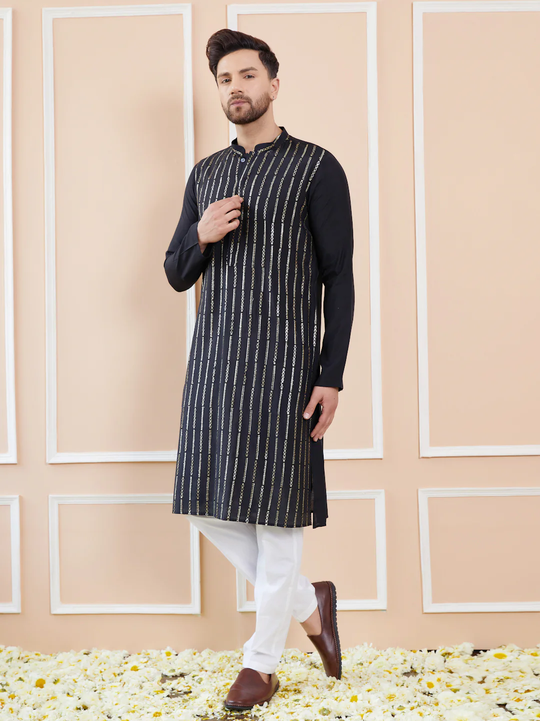 Men Black And Gold Chanderi Silk Sequins Kurta - Image 5