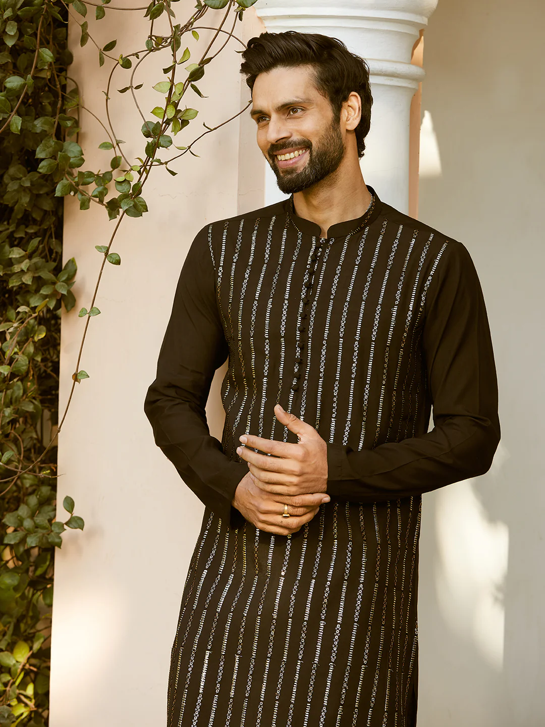 Men Black And Gold Chanderi Silk Sequins Kurta - Image 2