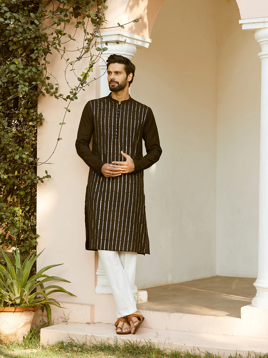 Men Black And Gold Chanderi Silk Sequins Kurta - Image 5