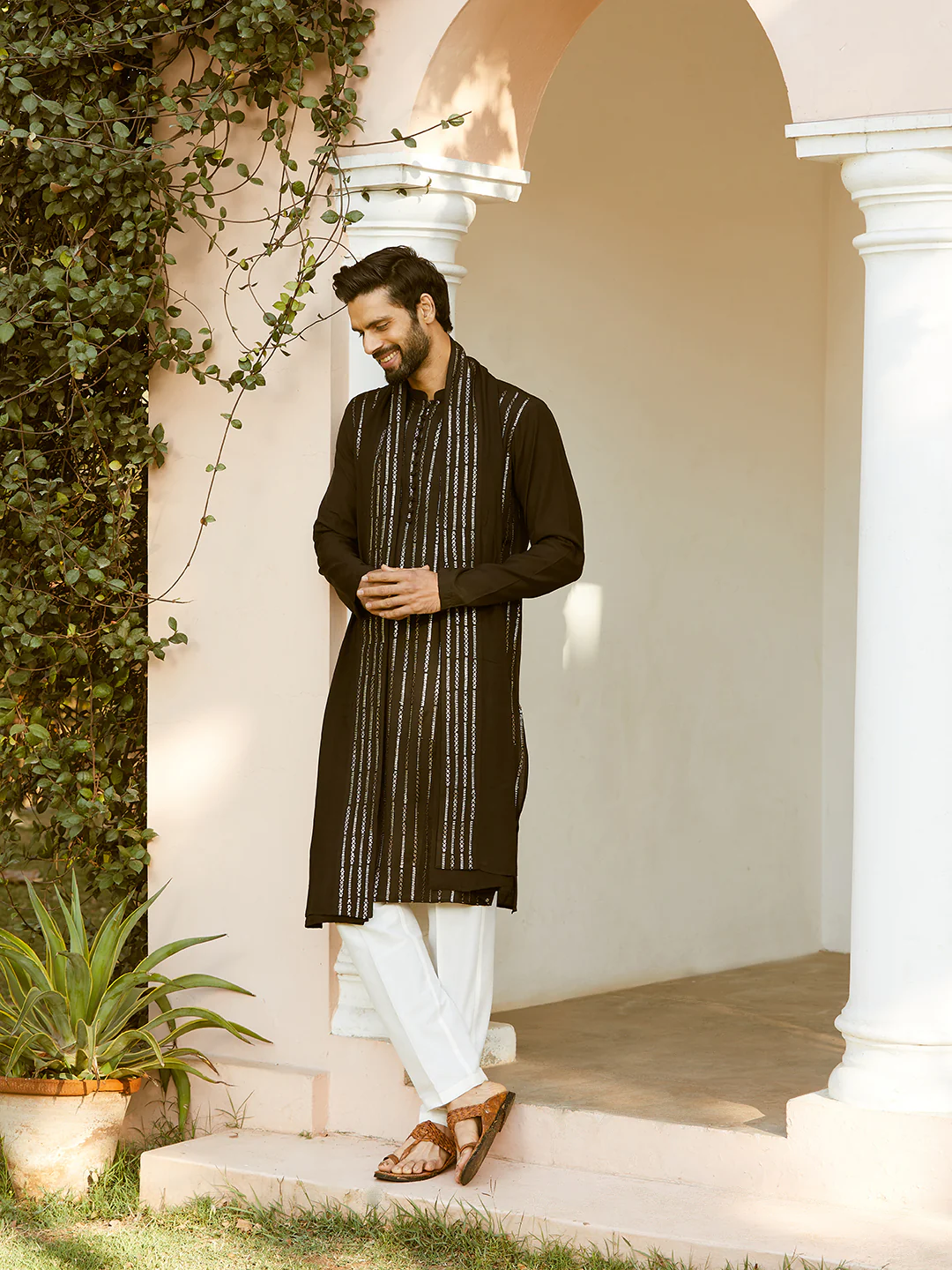 Men Black And Gold Chanderi Silk Sequins Kurta - Image 6