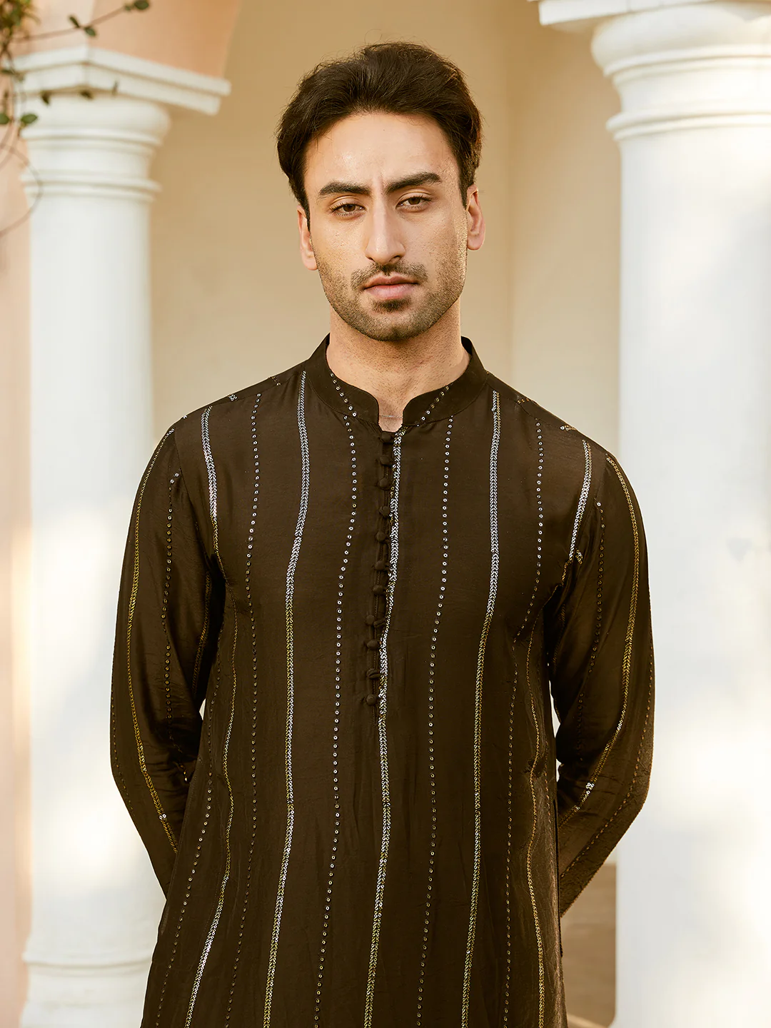 Men Black And Gold Chanderi Silk Sequins Kurta - Image 2