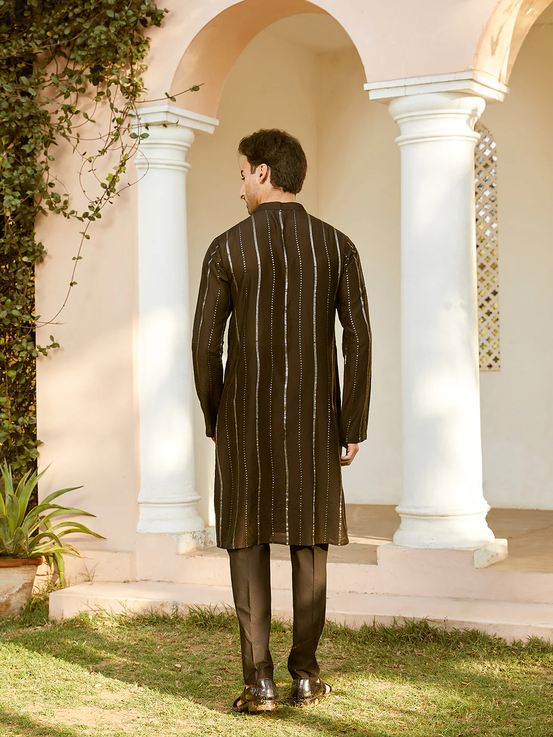 Men Black And Gold Chanderi Silk Sequins Kurta - Image 3