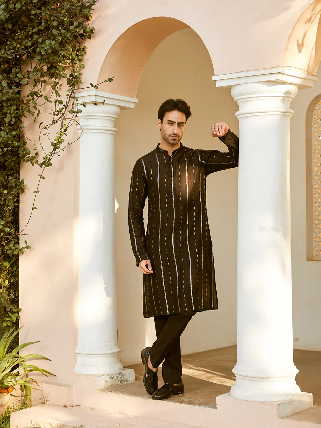 Men Black And Gold Chanderi Silk Sequins Kurta - Image 5