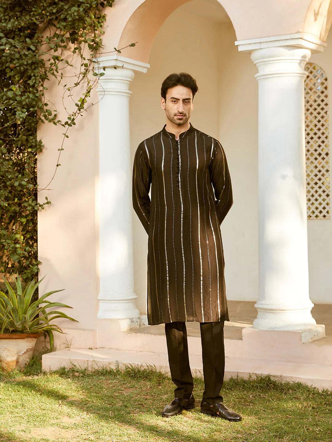 Men Black And Gold Chanderi Silk Sequins Kurta - Image 6
