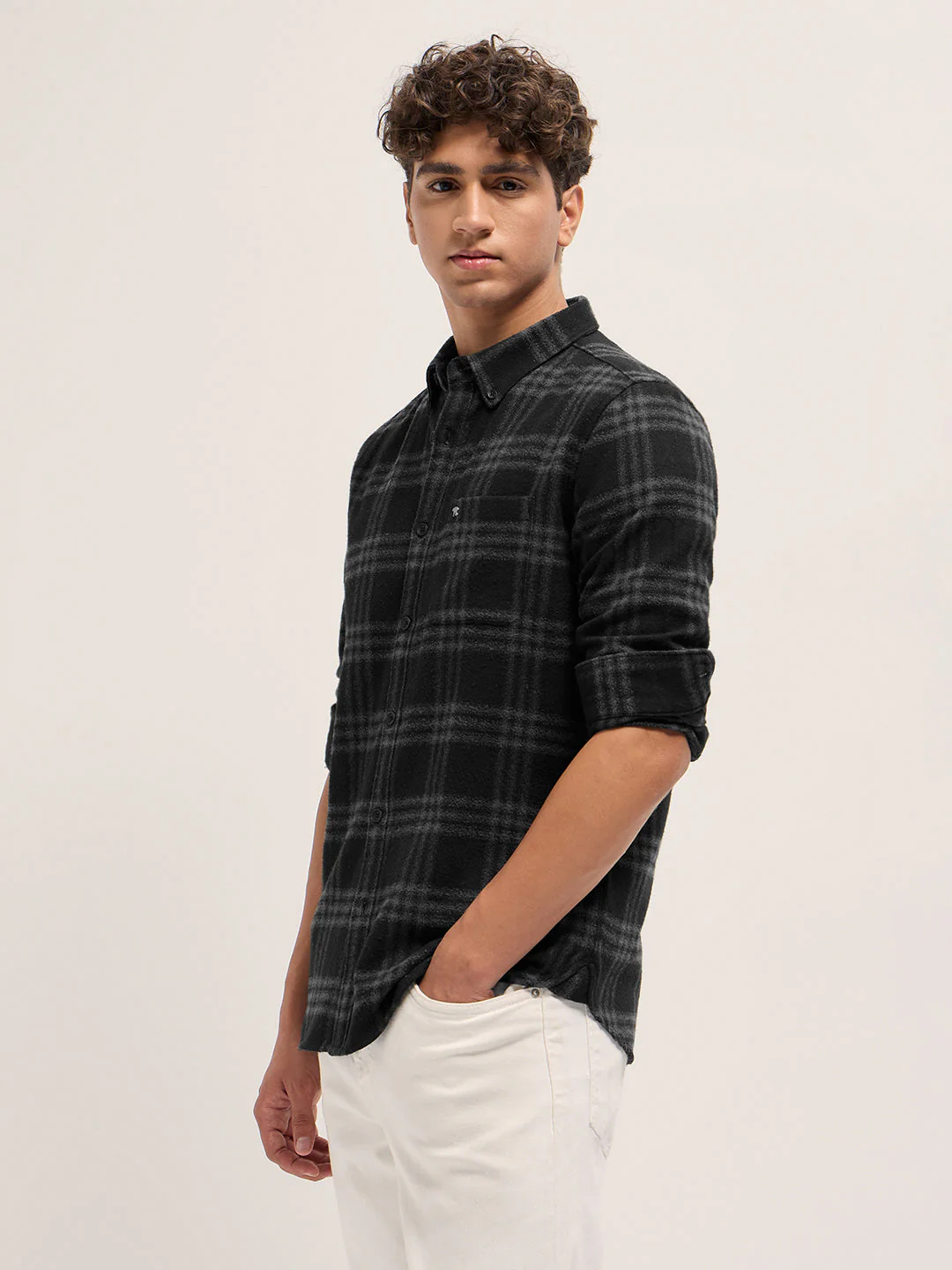 Men Black and Grey Flannel Checked Slim Fit Casual Shirt - Image 3