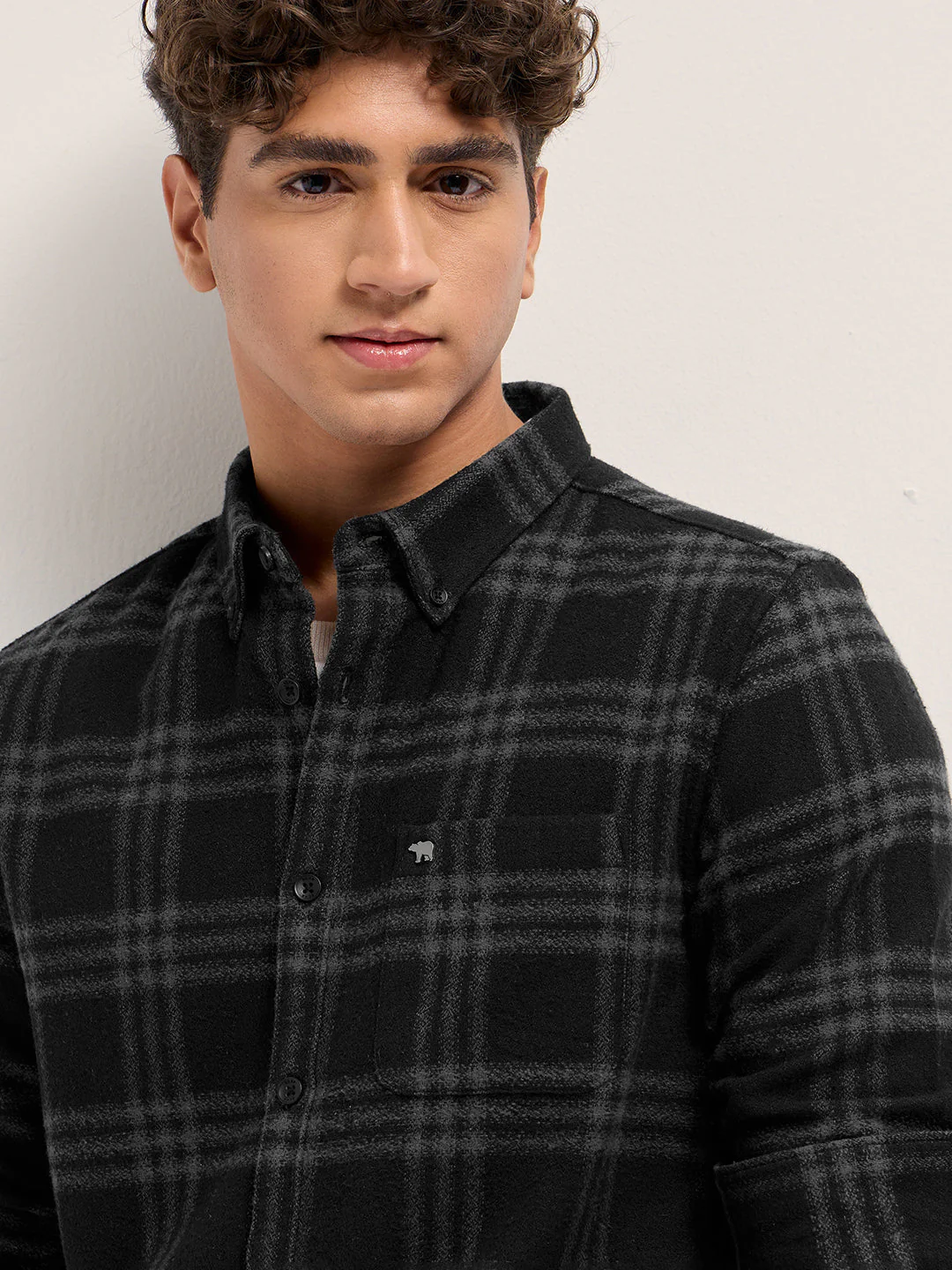 Men Black and Grey Flannel Checked Slim Fit Casual Shirt - Image 5