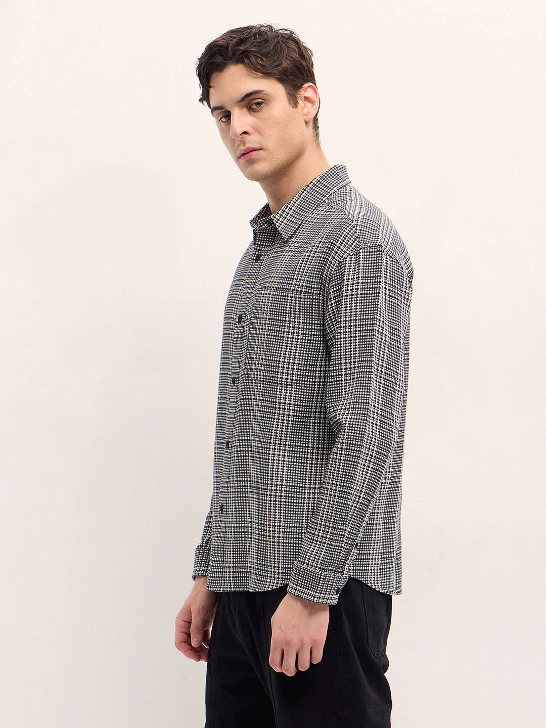 Men Black and White Checked Relax Fit Overshirt - Image 3