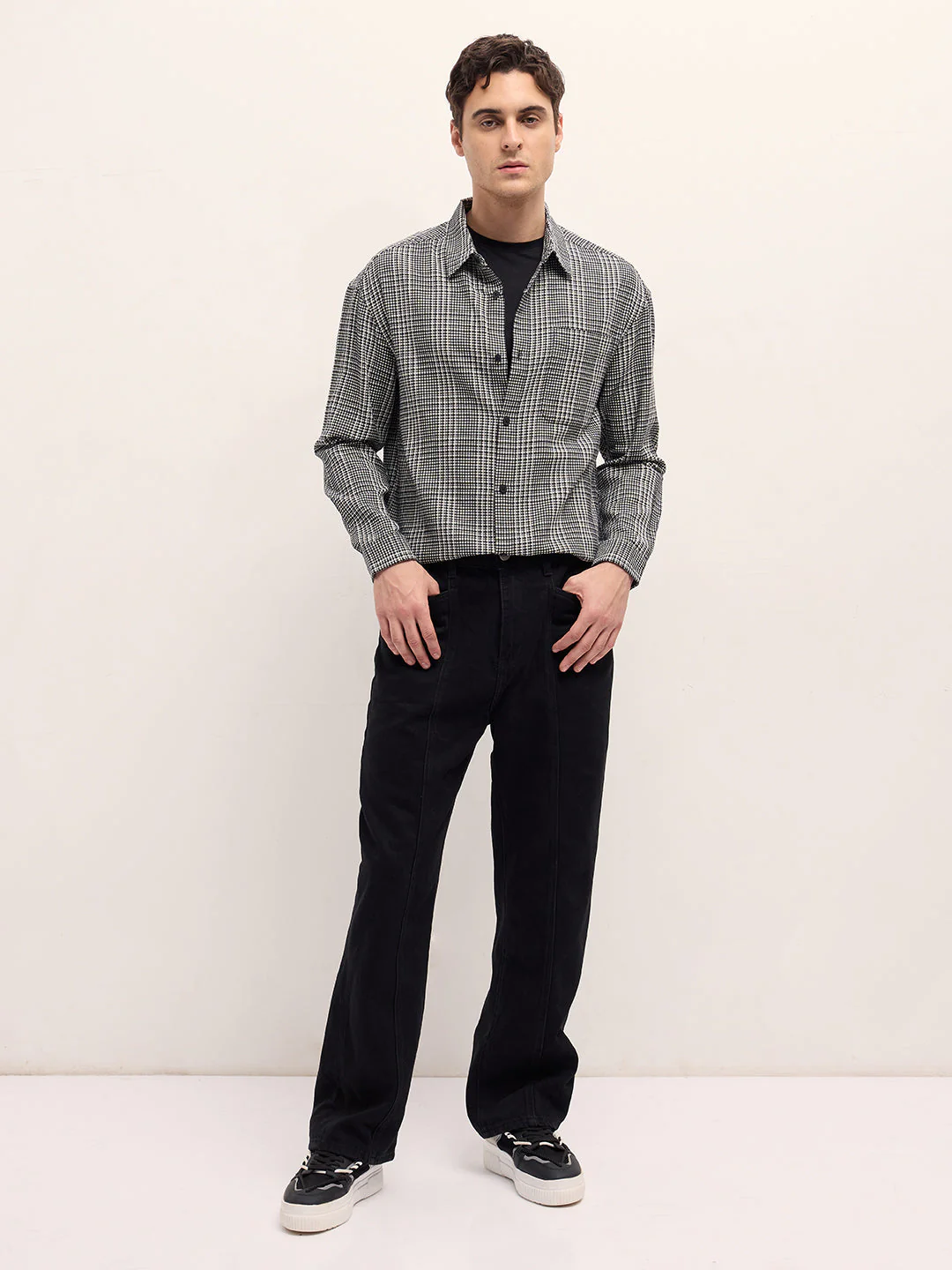 Men Black and White Checked Relax Fit Overshirt - Image 4