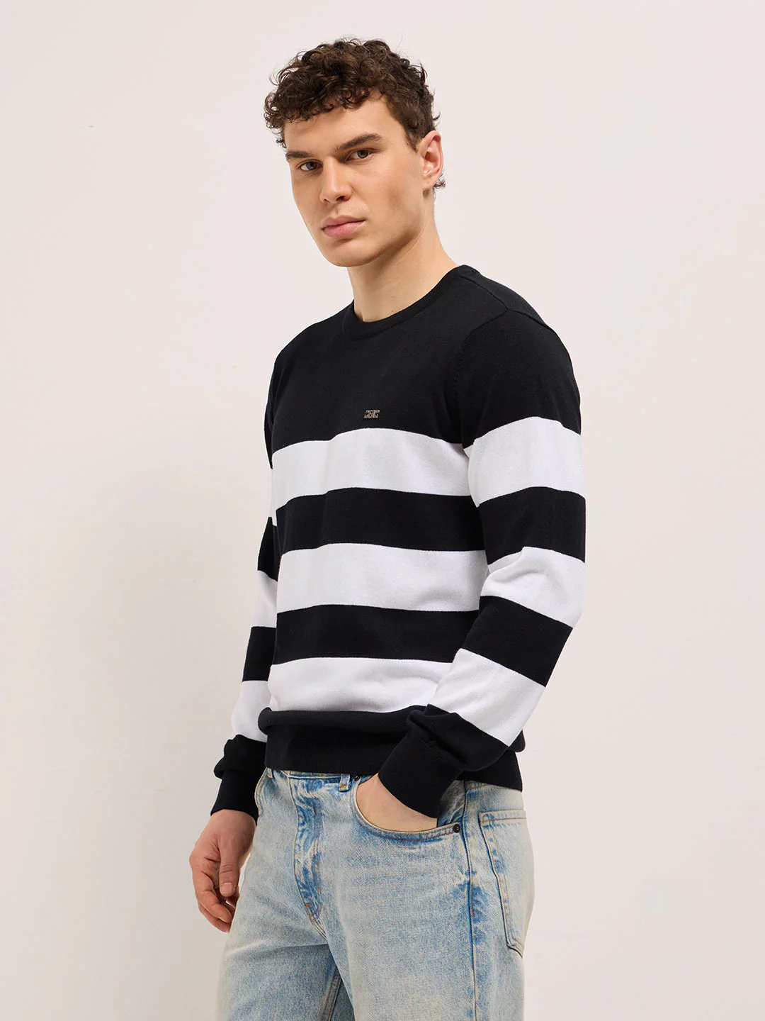 Men Black and White Flat Knit Striped Crew Neck T-Shirt - Image 3