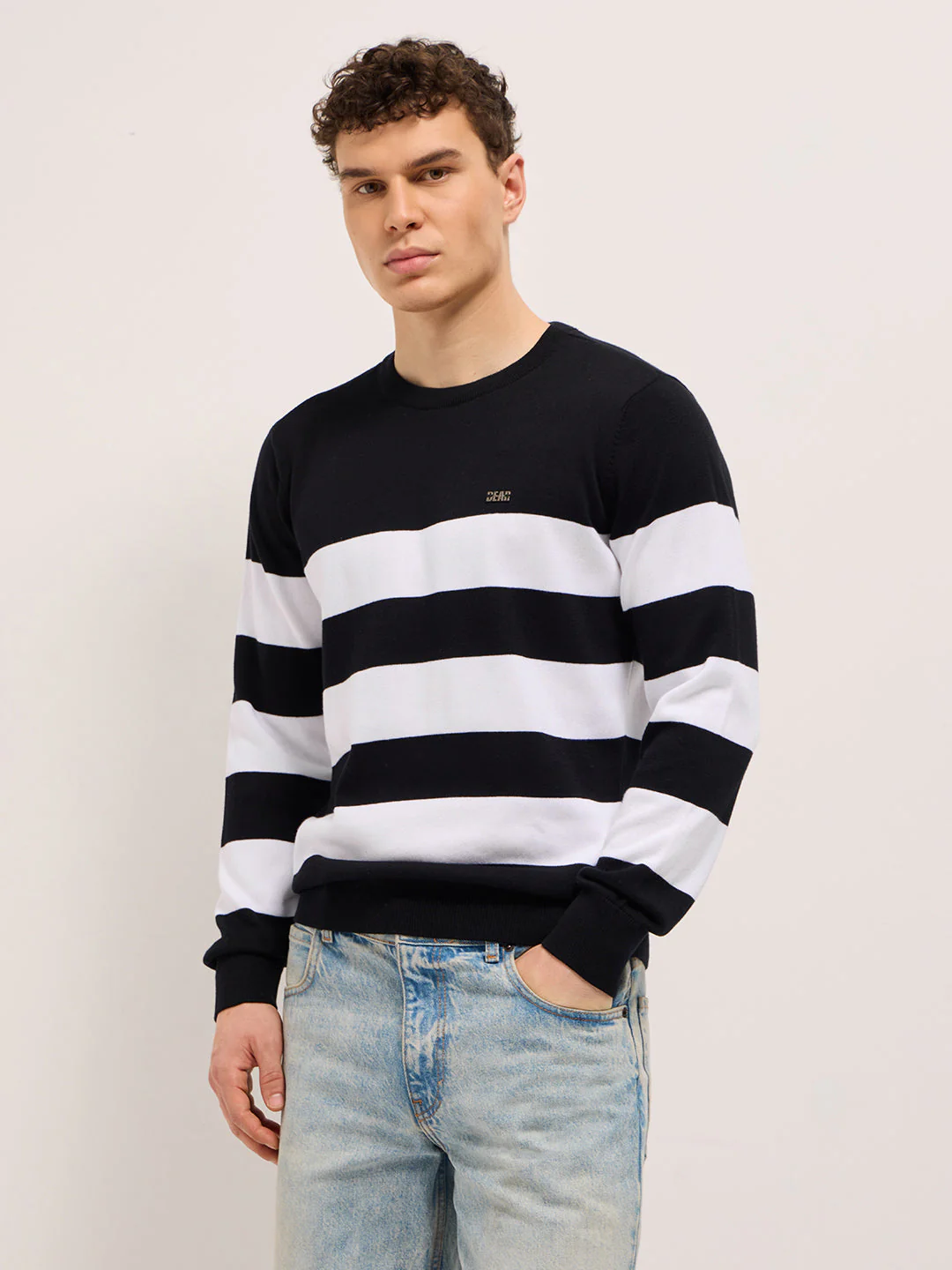 Men Black and White Flat Knit Striped Crew Neck T-Shirt - Image 6