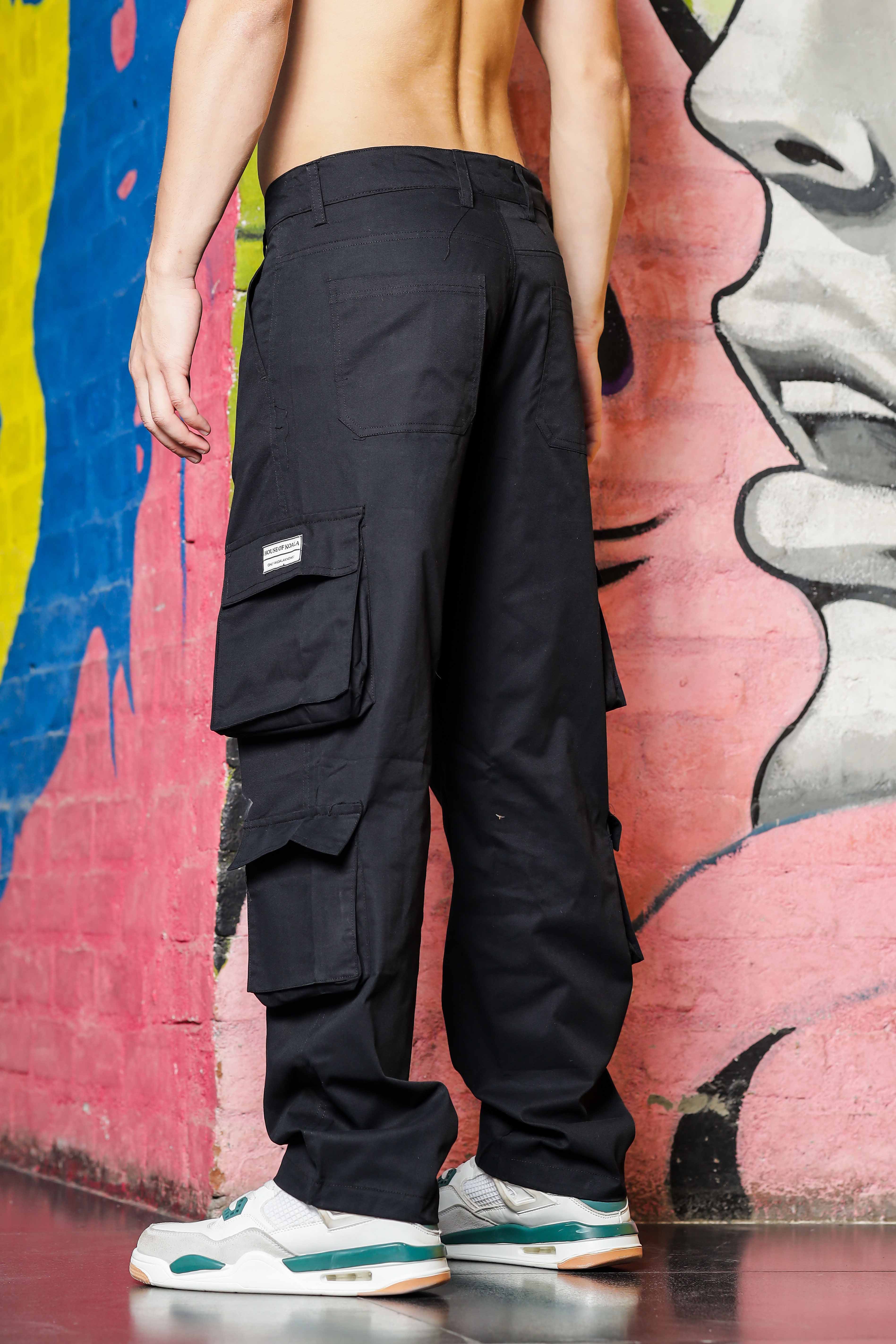 Men Black Baggy Fit Cargo Trousers - Image 3