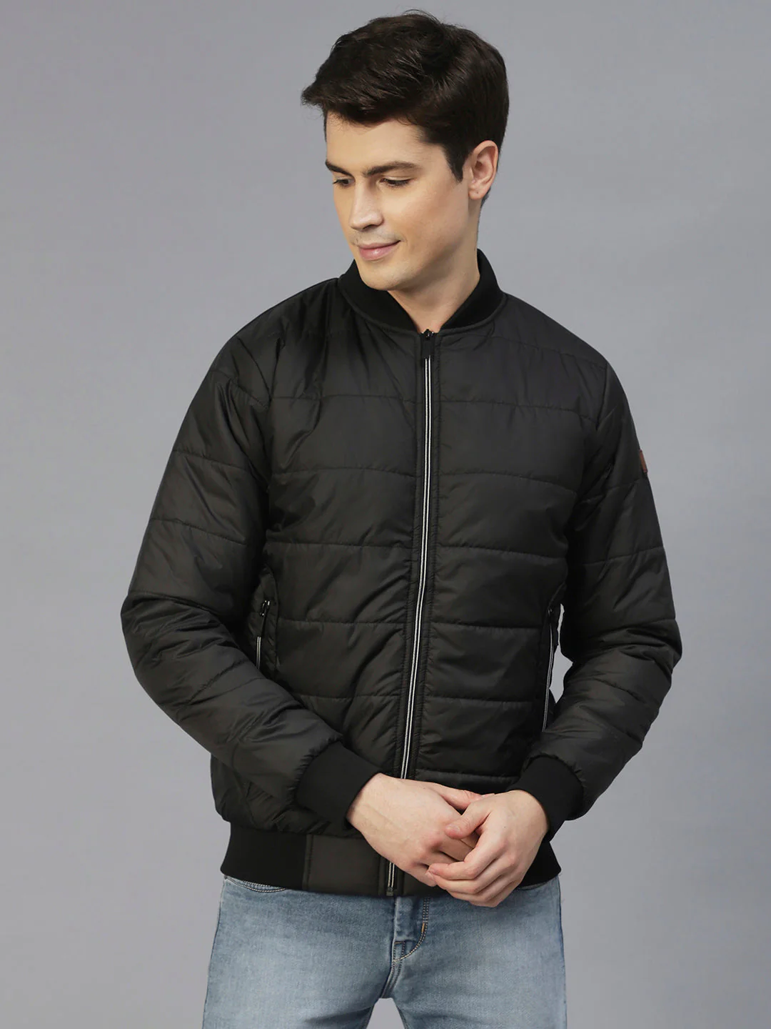 Men Black Bomber Full Sleeves Puffer Jacket