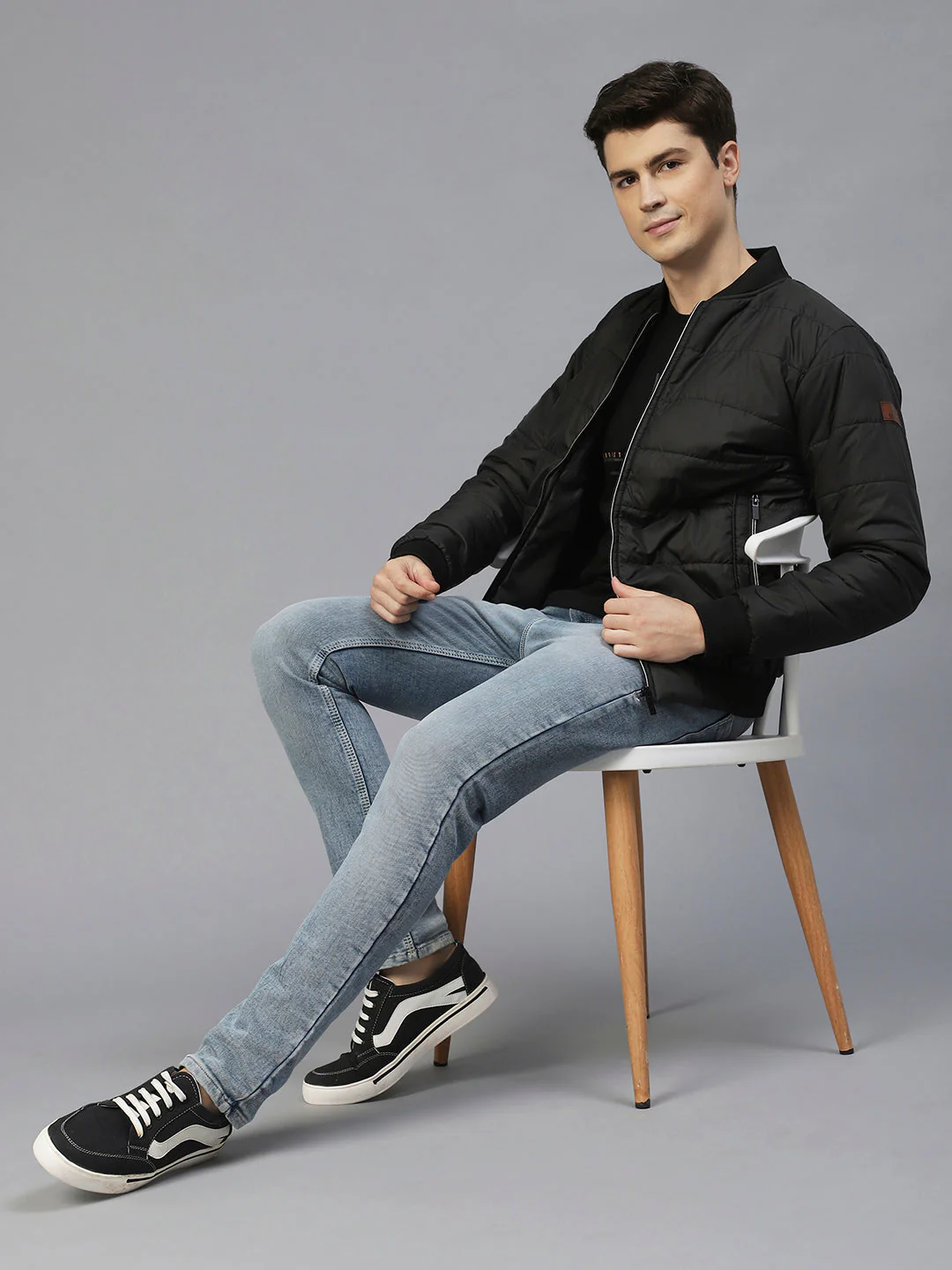 Men Black Bomber Full Sleeves Puffer Jacket - Image 3