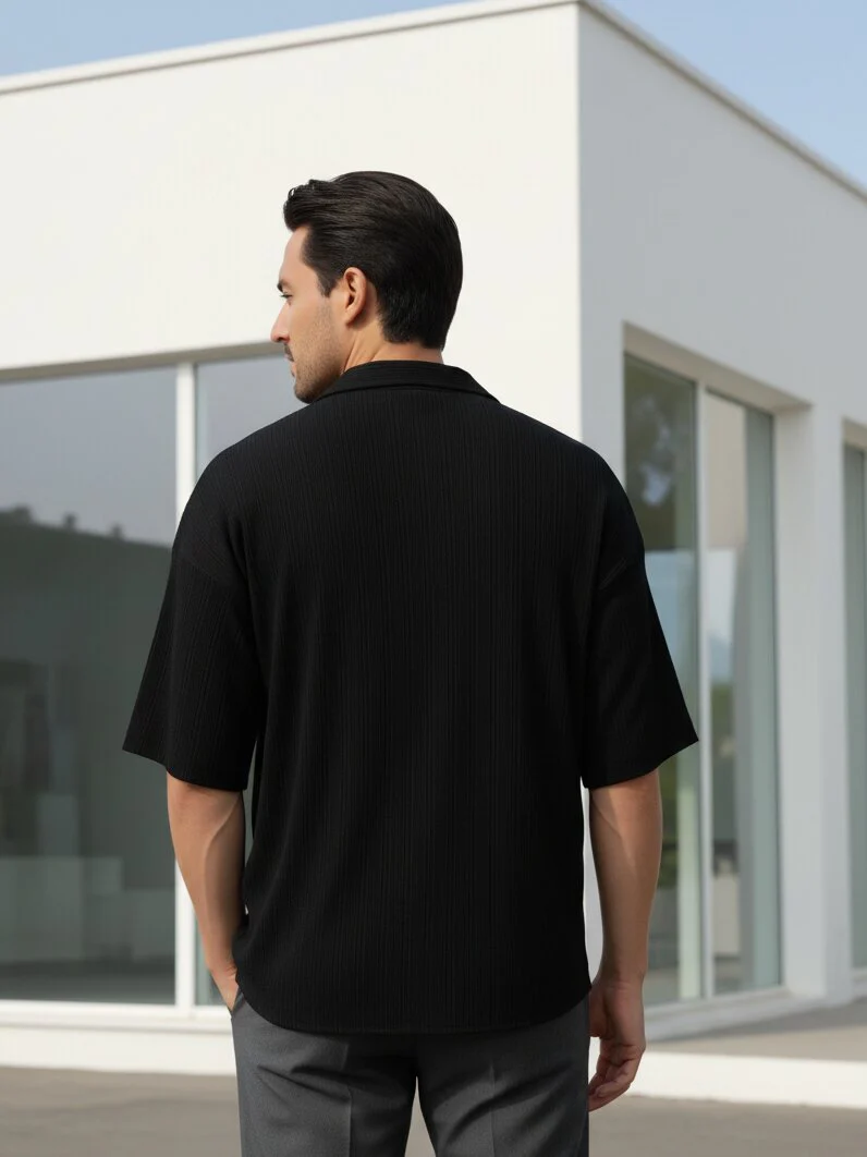 Men Black Button Down Collar Shirt - Image 2
