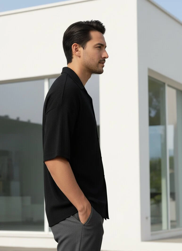 Men Black Button Down Collar Shirt - Image 3
