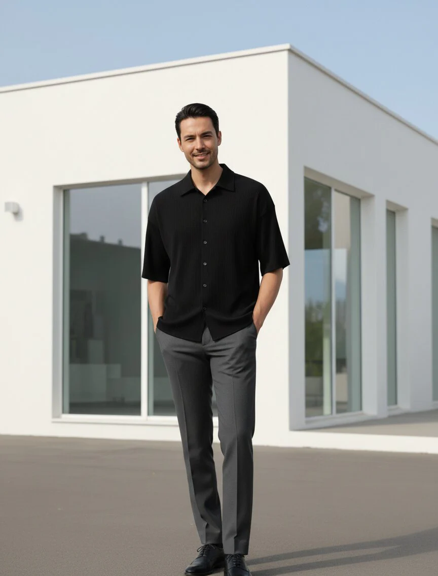 Men Black Button Down Collar Shirt - Image 4