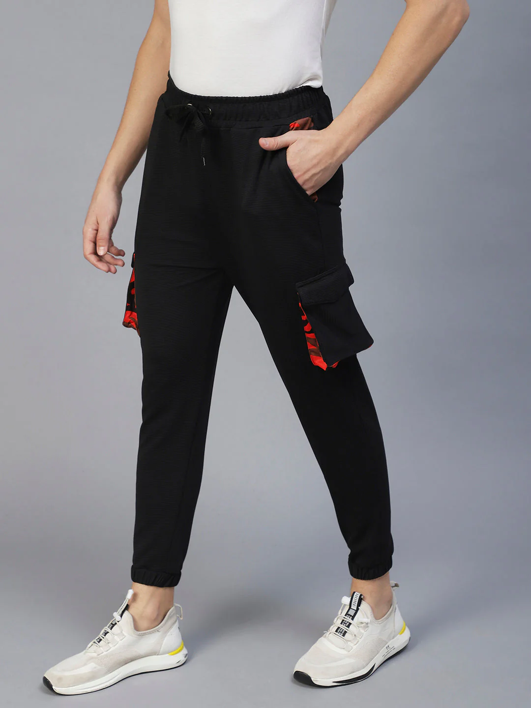 Men Black Camo Print Pocket Detail Poly Corduroy Jogger - Image 4