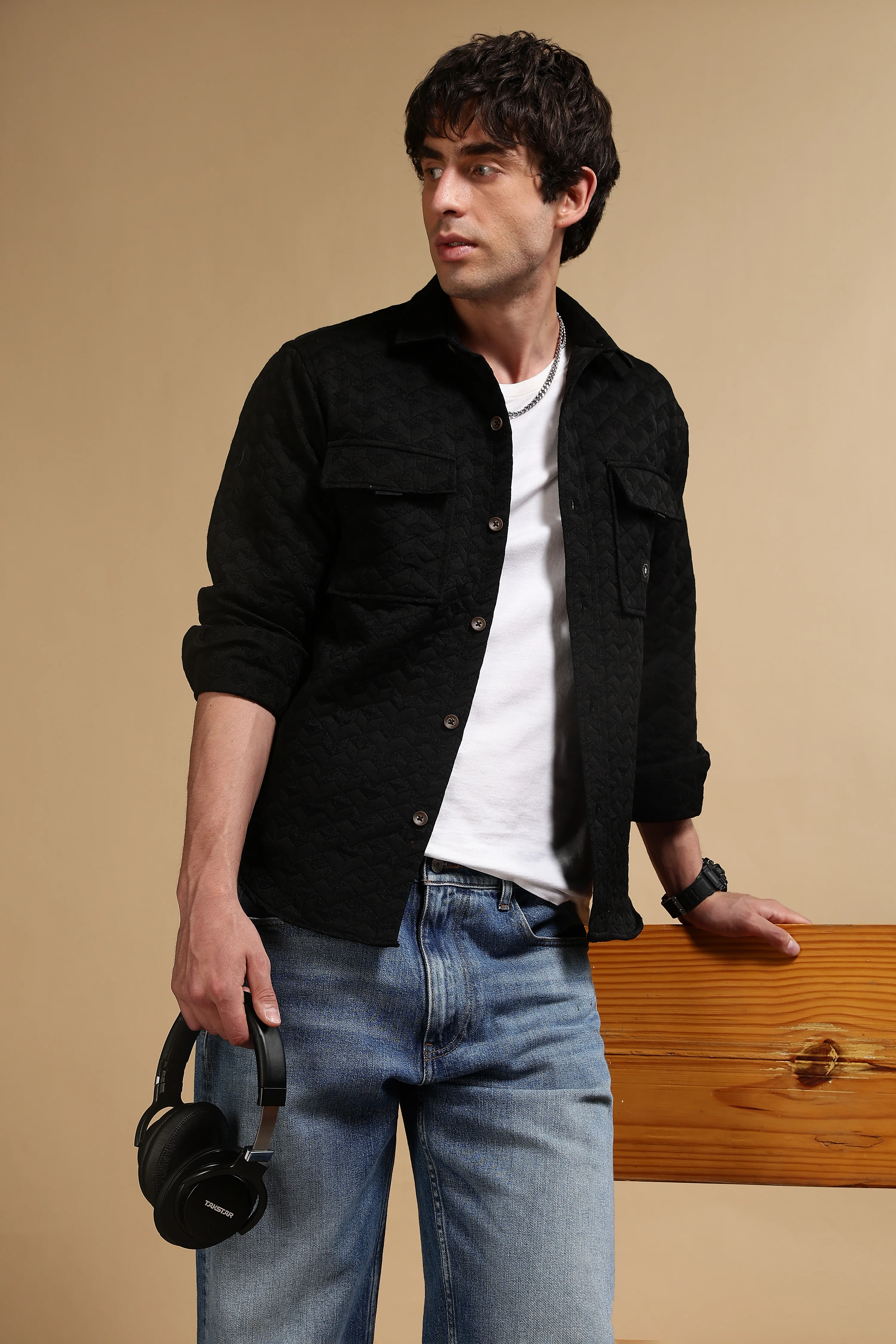 Men Black Casual Shacket - Image 2