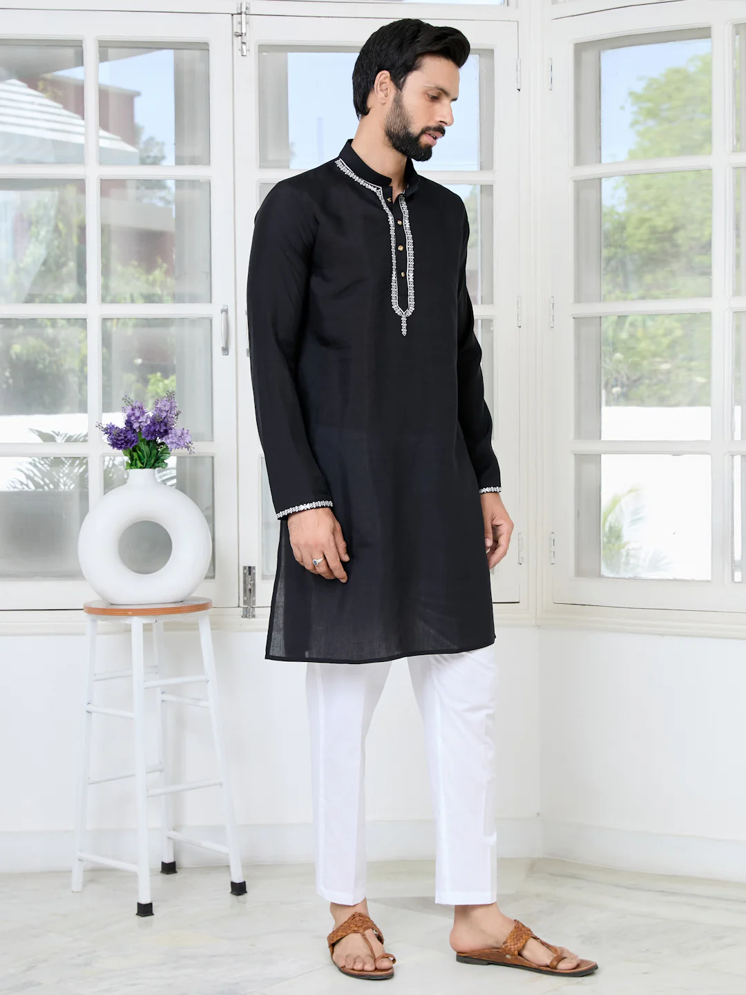 Men Black Chanderi Straight Kurta With Yoke Design - Image 2