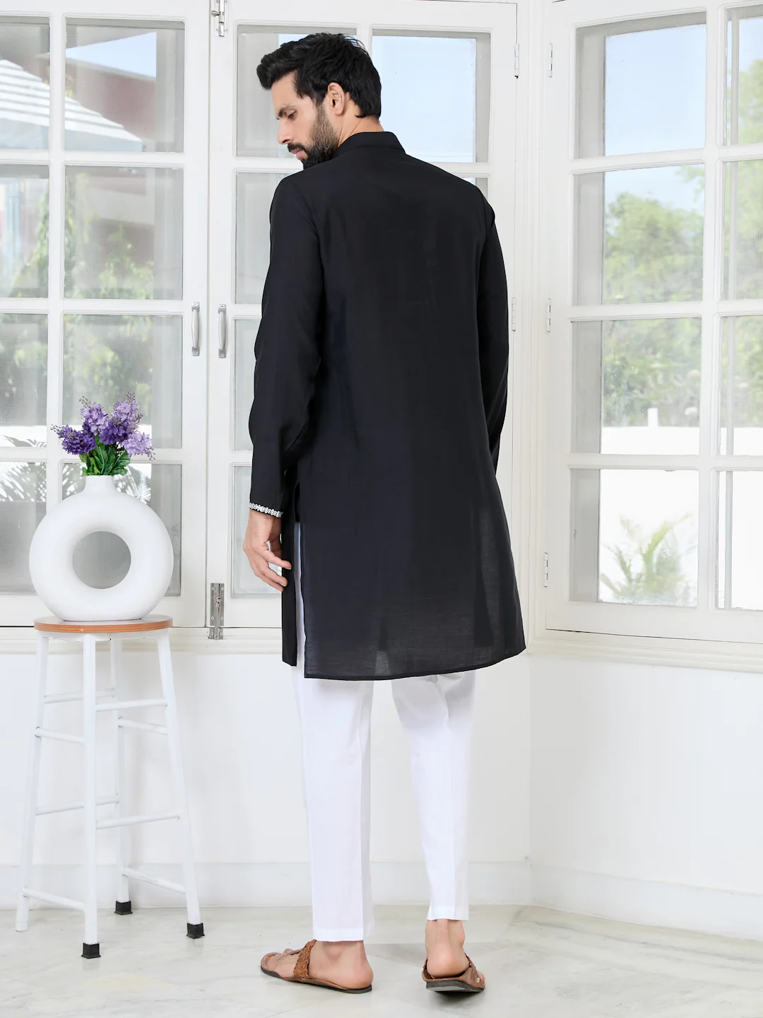Men Black Chanderi Straight Kurta With Yoke Design - Image 3