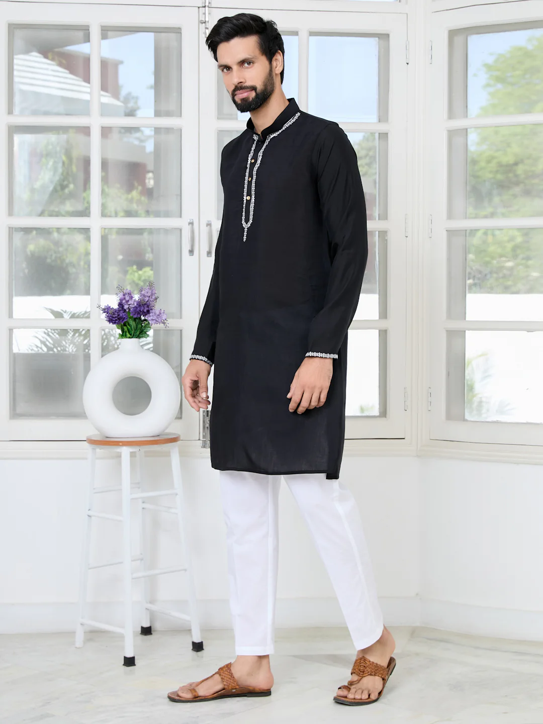 Men Black Chanderi Straight Kurta With Yoke Design - Image 4