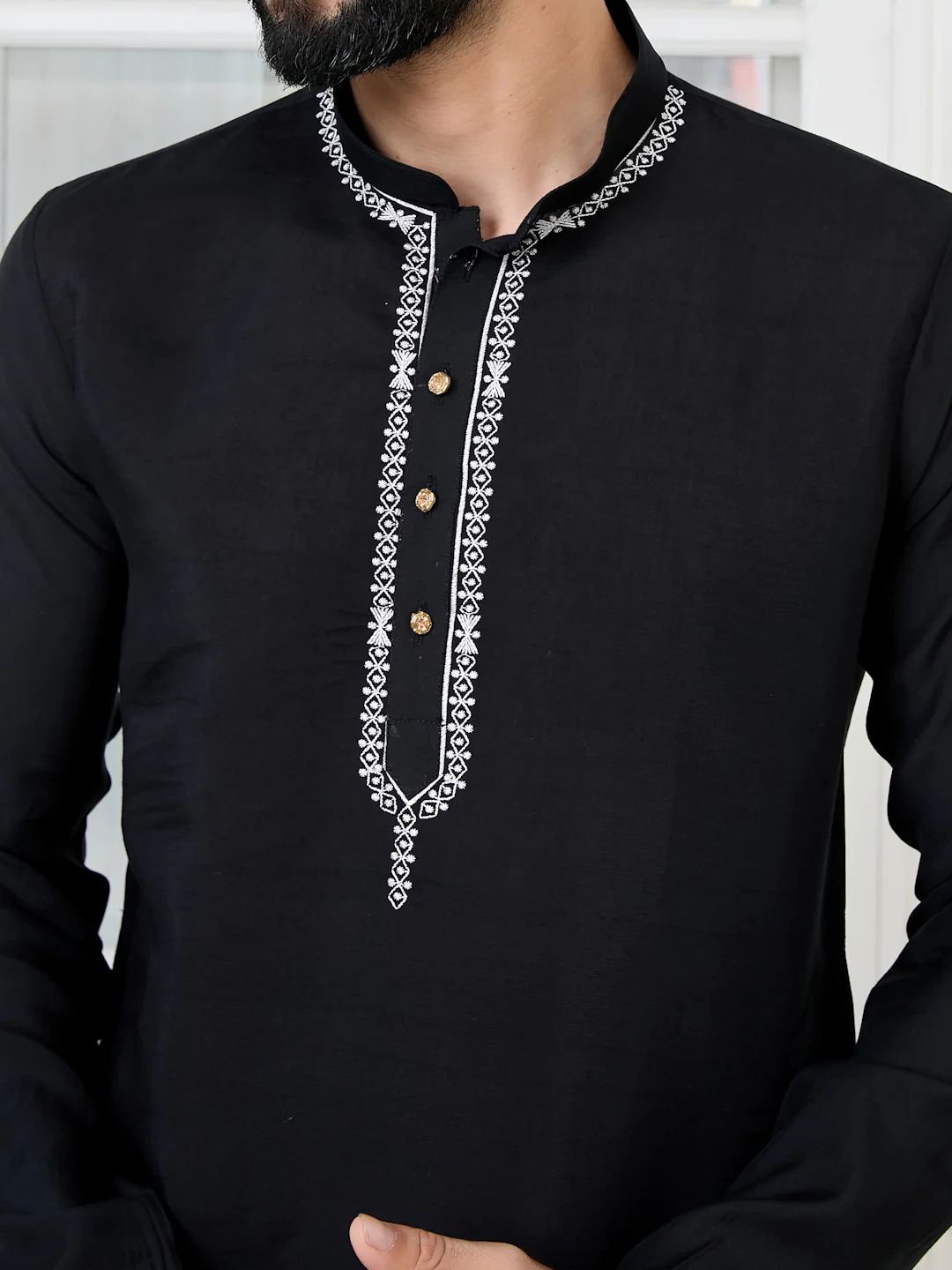 Men Black Chanderi Straight Kurta With Yoke Design - Image 5