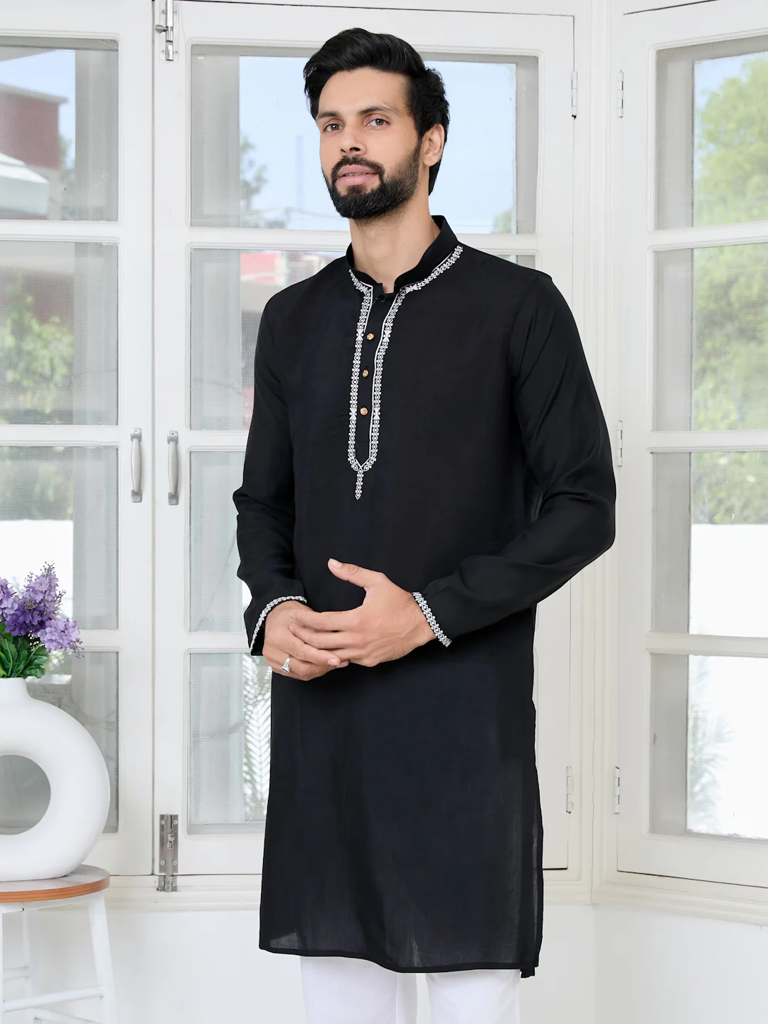 Men Black Chanderi Straight Kurta With Yoke Design - Image 6