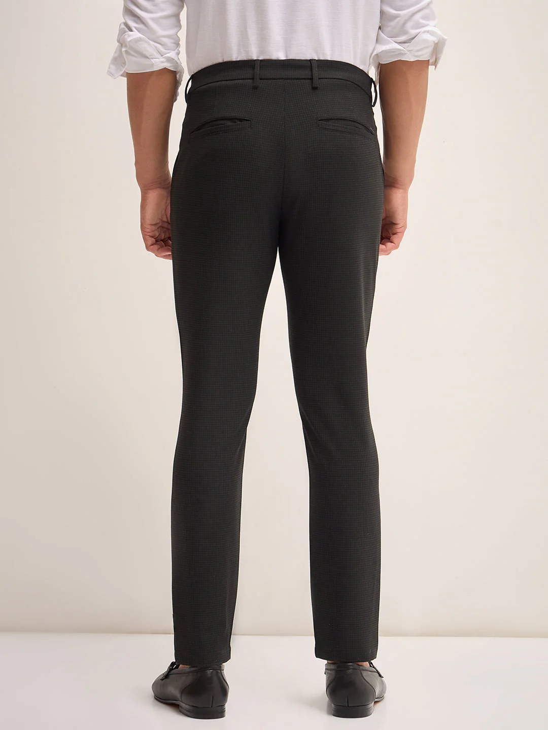 Men Black Checked 4 Way Stretch Formal Trouser - Image 2