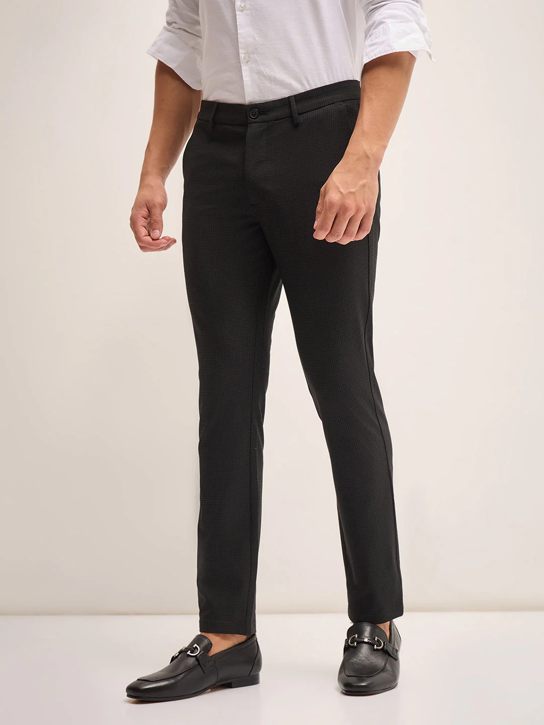 Men Black Checked 4 Way Stretch Formal Trouser - Image 3