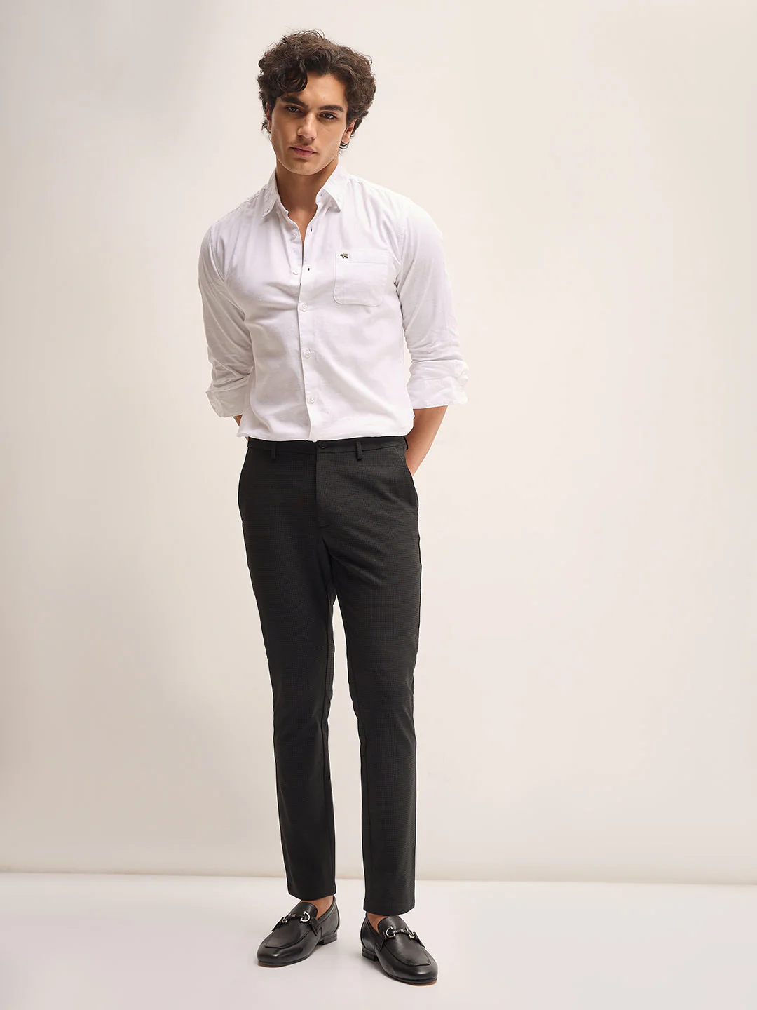 Men Black Checked 4 Way Stretch Formal Trouser - Image 4