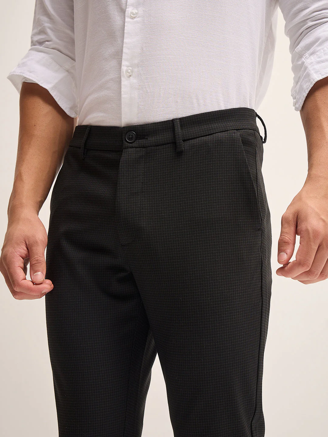 Men Black Checked 4 Way Stretch Formal Trouser - Image 6