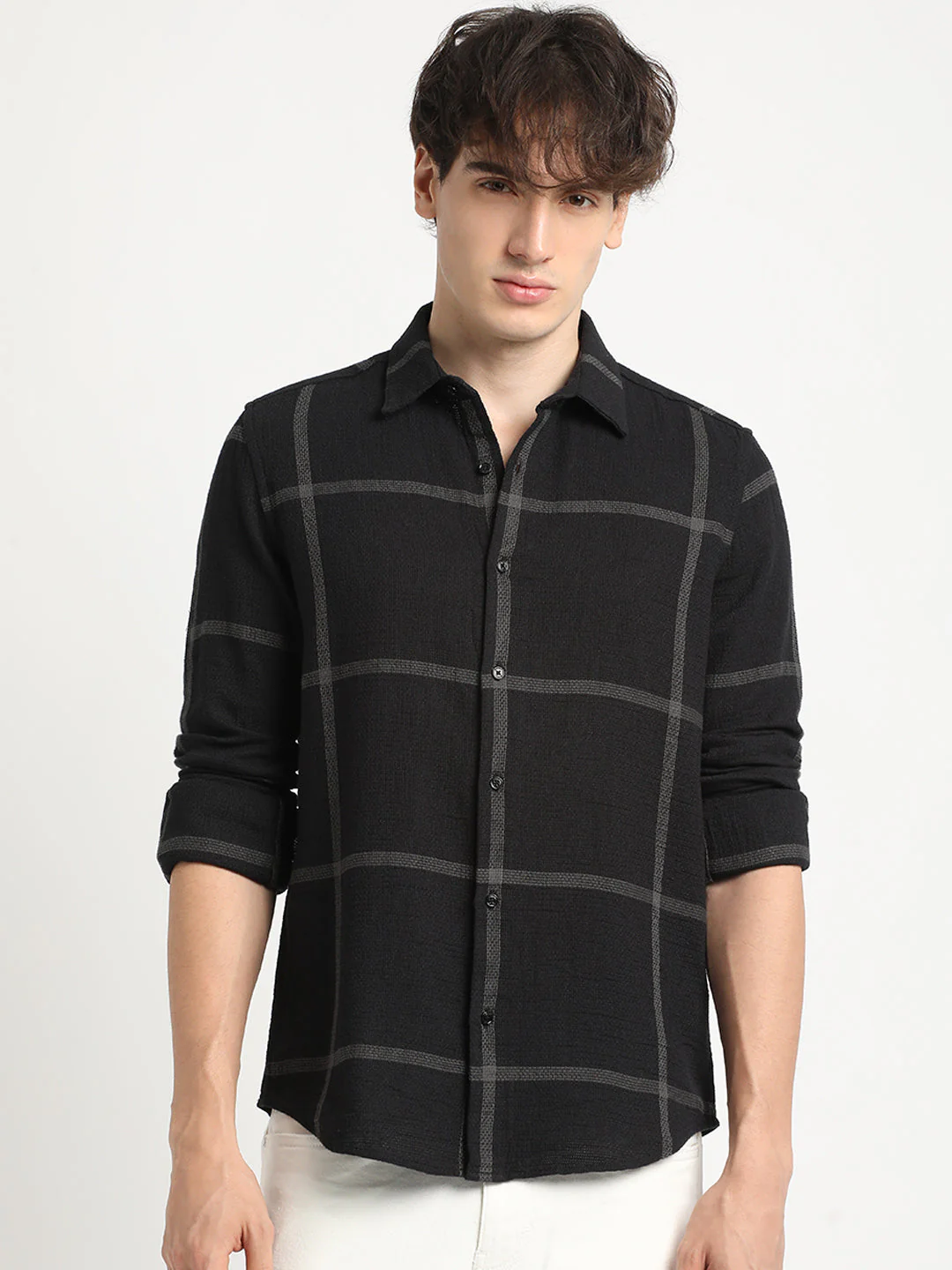Men Black Checked Slim Fit Cotton Casual Shirt - Image 2