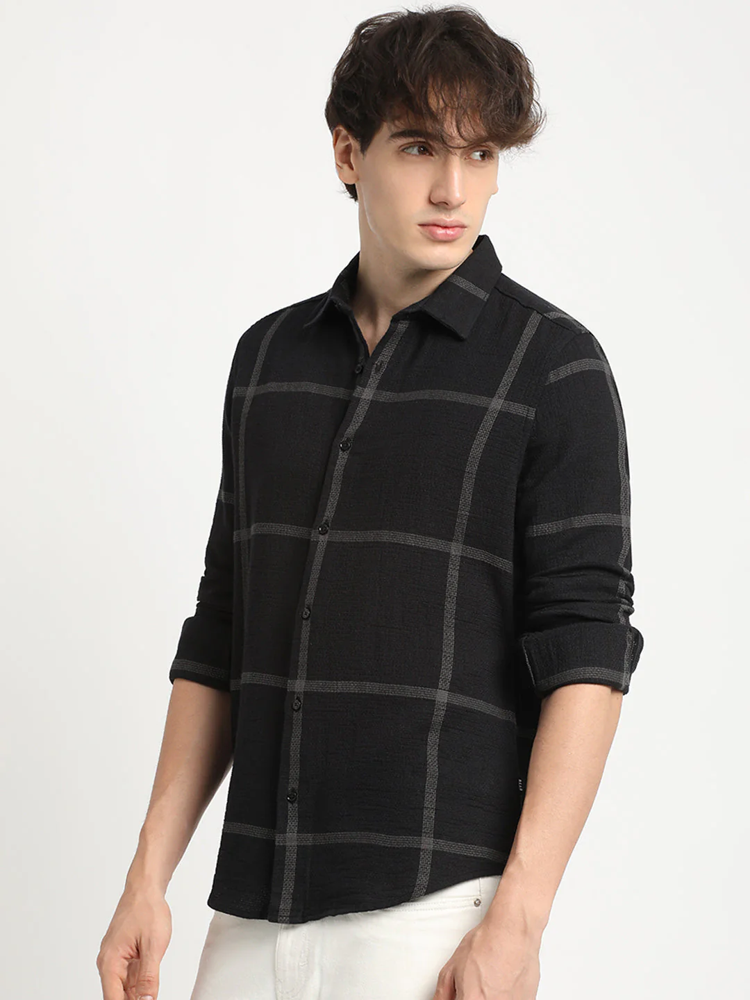 Men Black Checked Slim Fit Cotton Casual Shirt - Image 3
