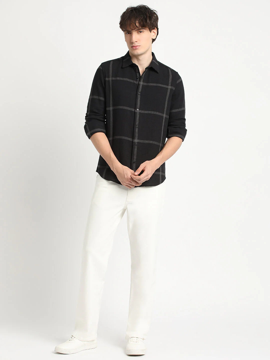 Men Black Checked Slim Fit Cotton Casual Shirt - Image 5