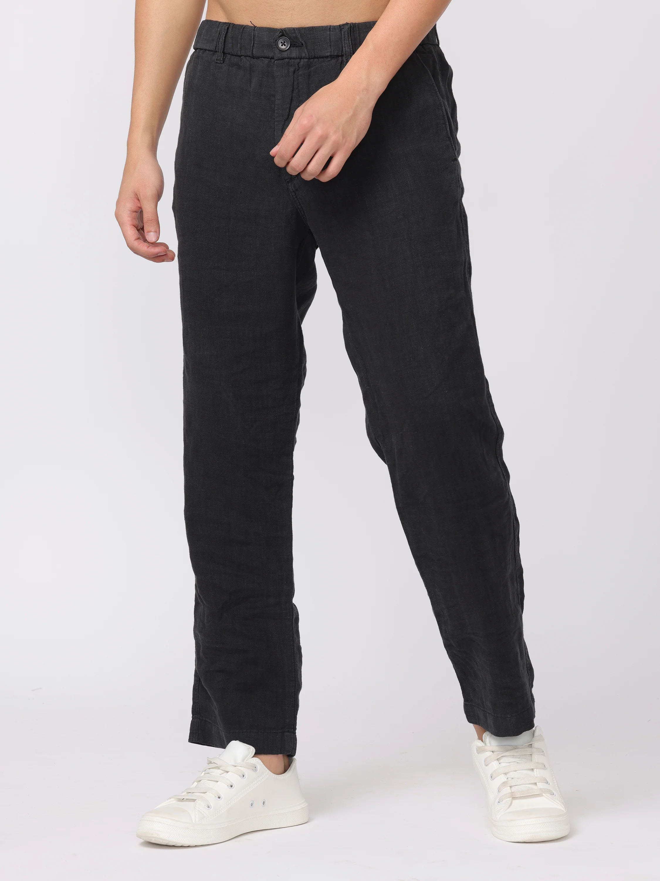 Men Black Comfort Fit Linen Pants - Image 3
