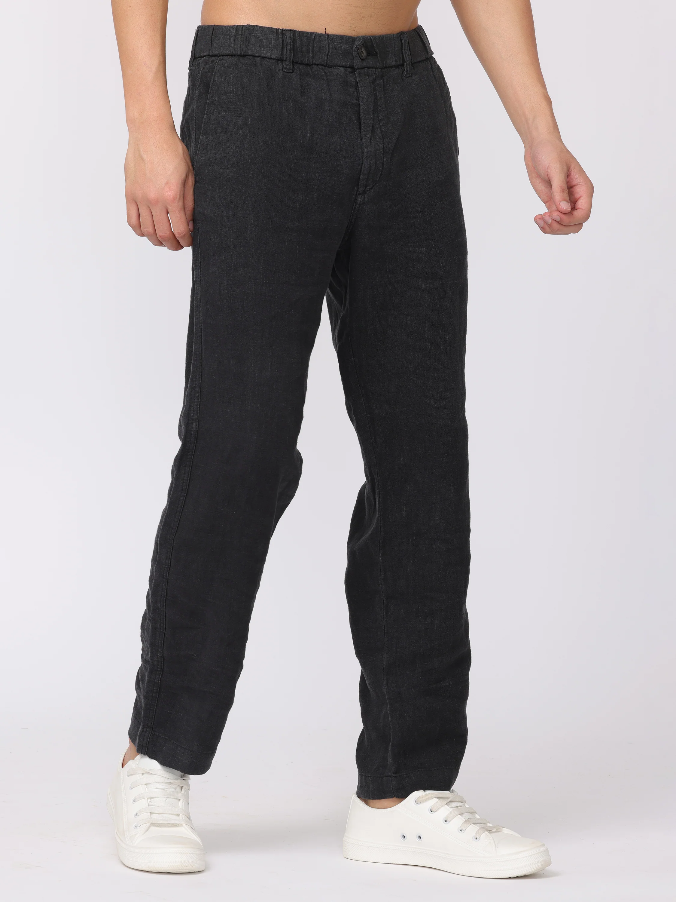 Men Black Comfort Fit Linen Pants - Image 5