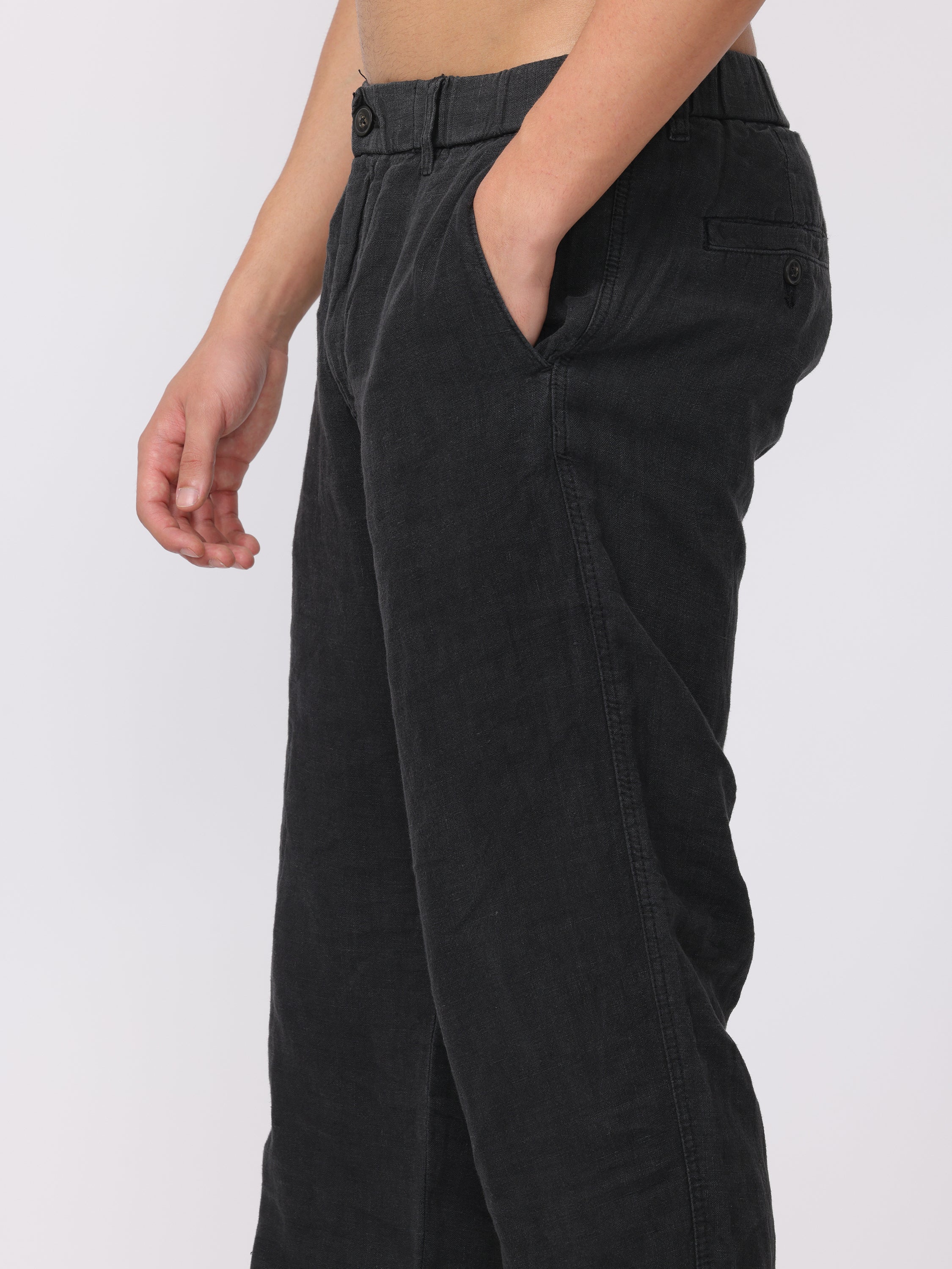 Men Black Comfort Fit Linen Pants - Image 6
