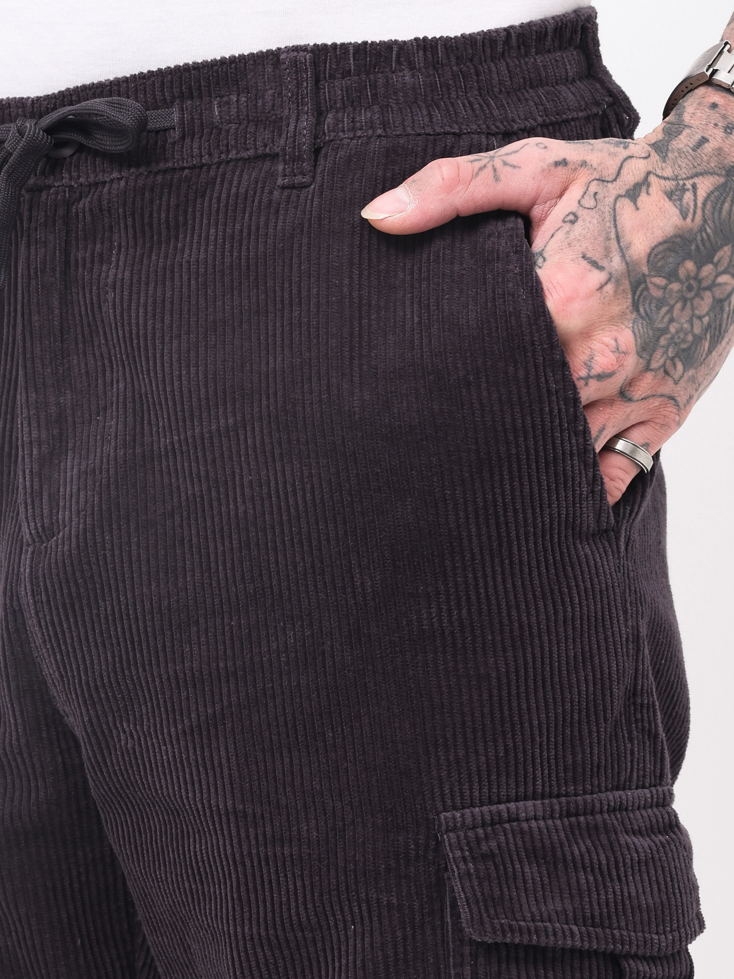 Men Black Corduroy Cargo Pants - Image 4