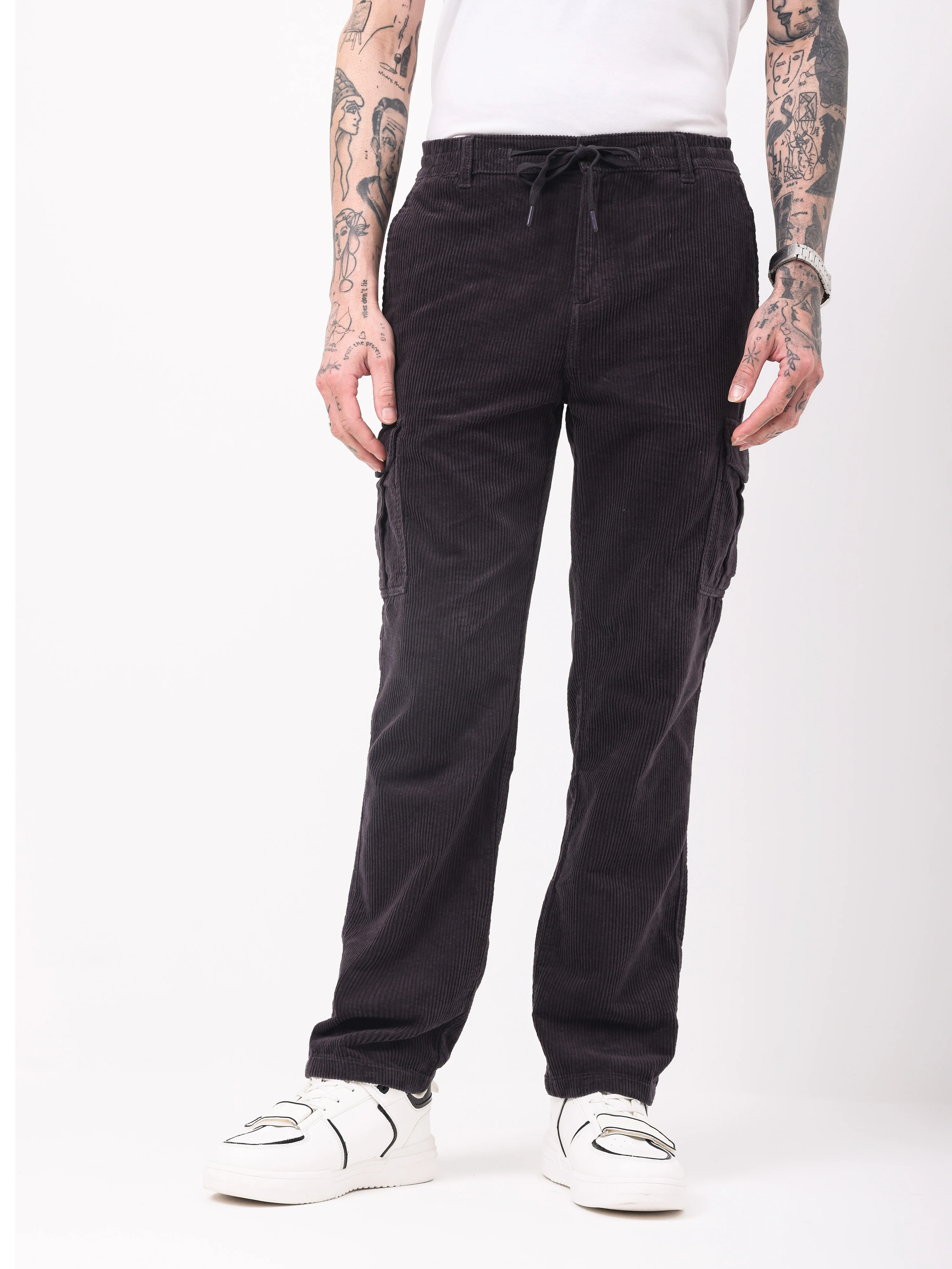 Men Black Corduroy Cargo Pants - Image 6