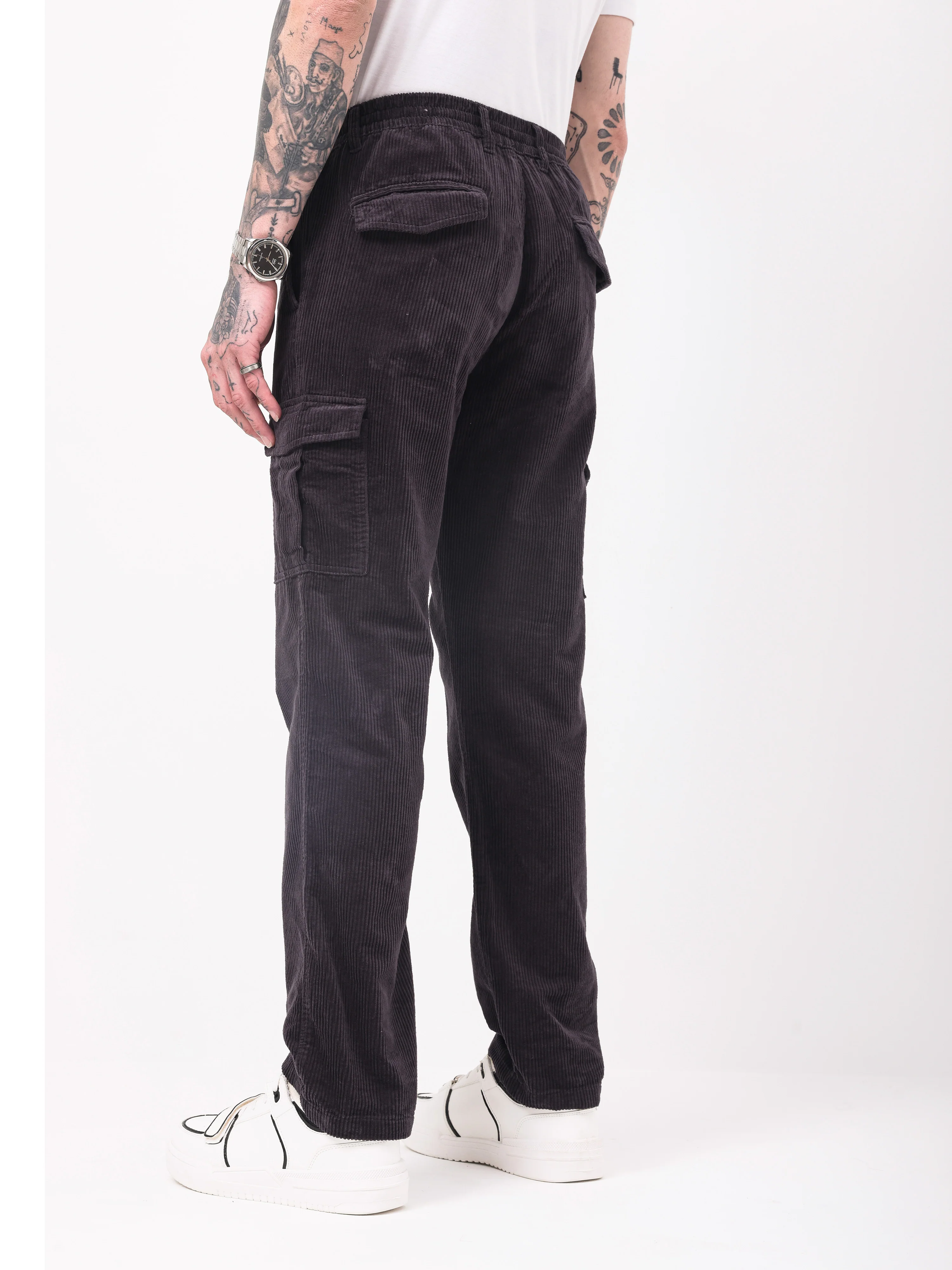 Men Black Corduroy Cargo Pants - Image 7