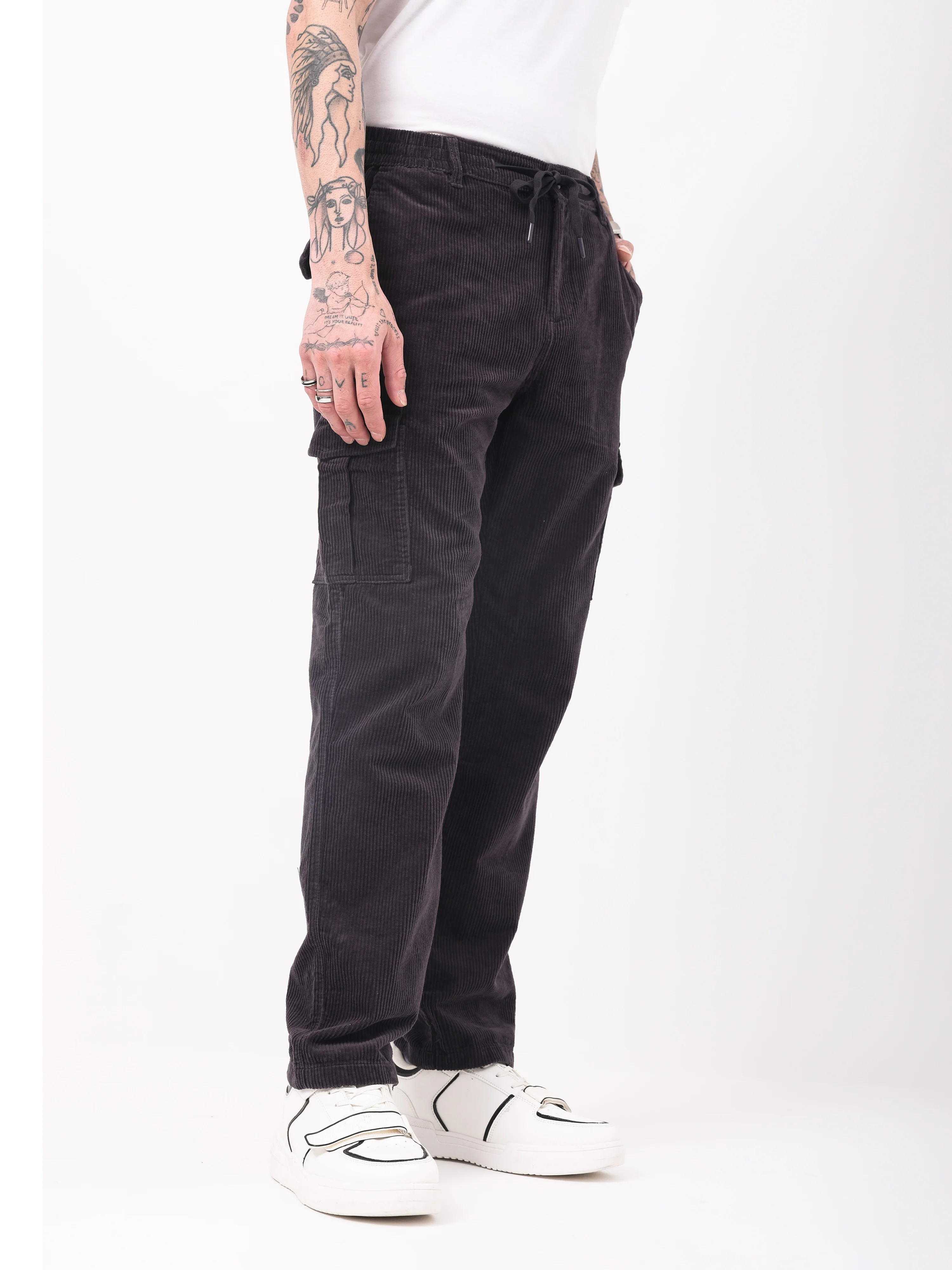 Men Black Corduroy Cargo Pants - Image 8