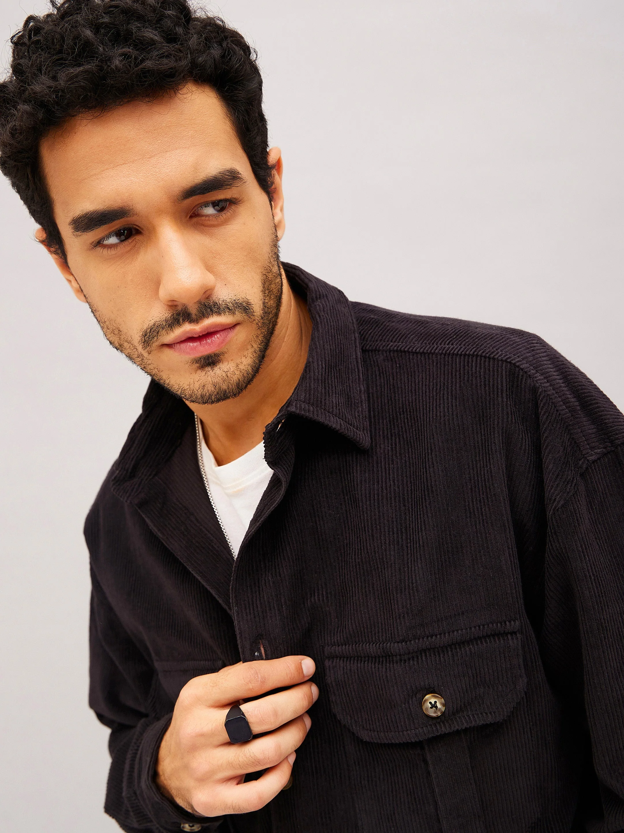 Men Black Corduroy Oversized Shacket - Image 3