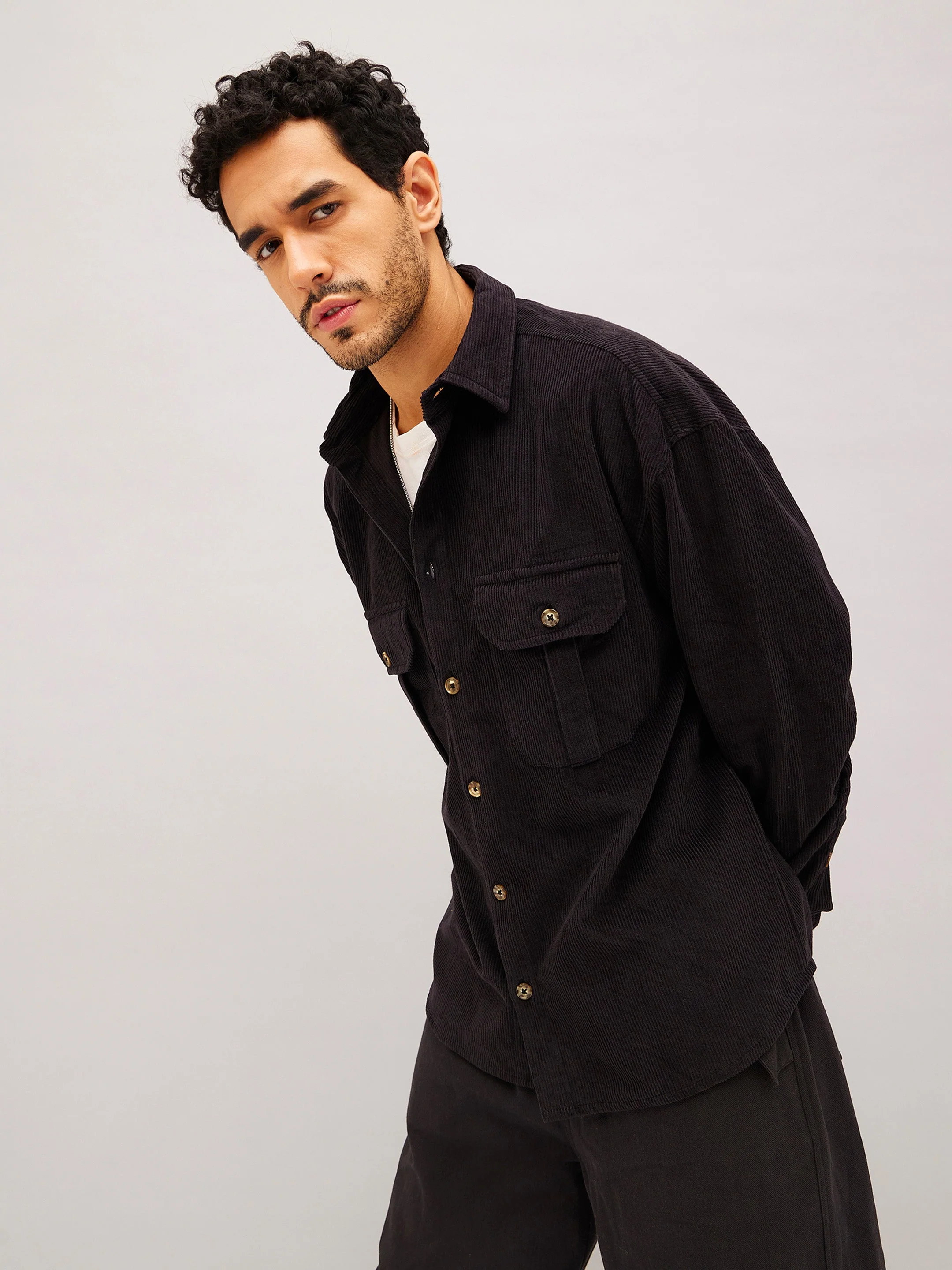Men Black Corduroy Oversized Shacket - Image 4
