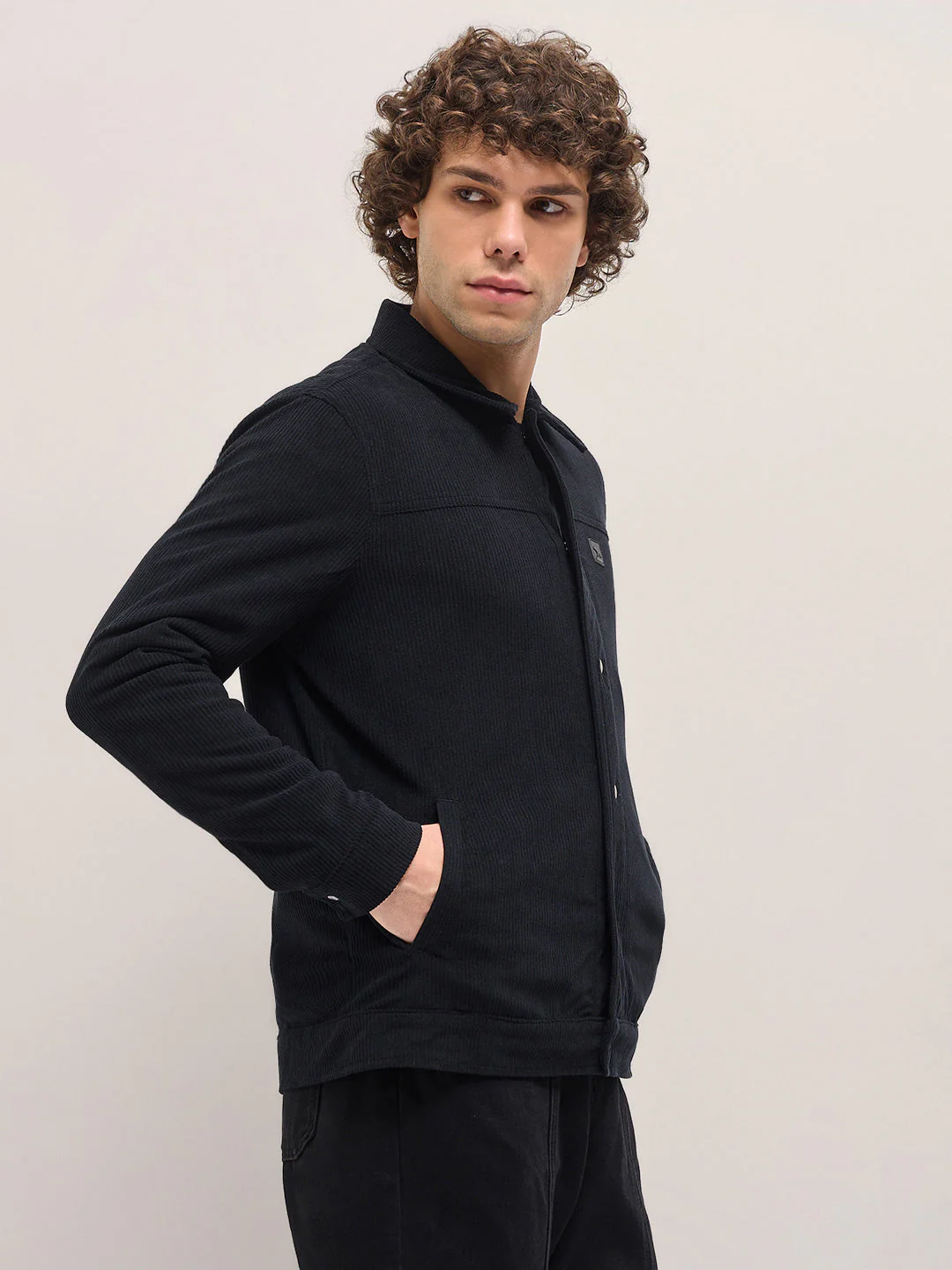 Men Black Corduroy Snap Button Closure - Image 3