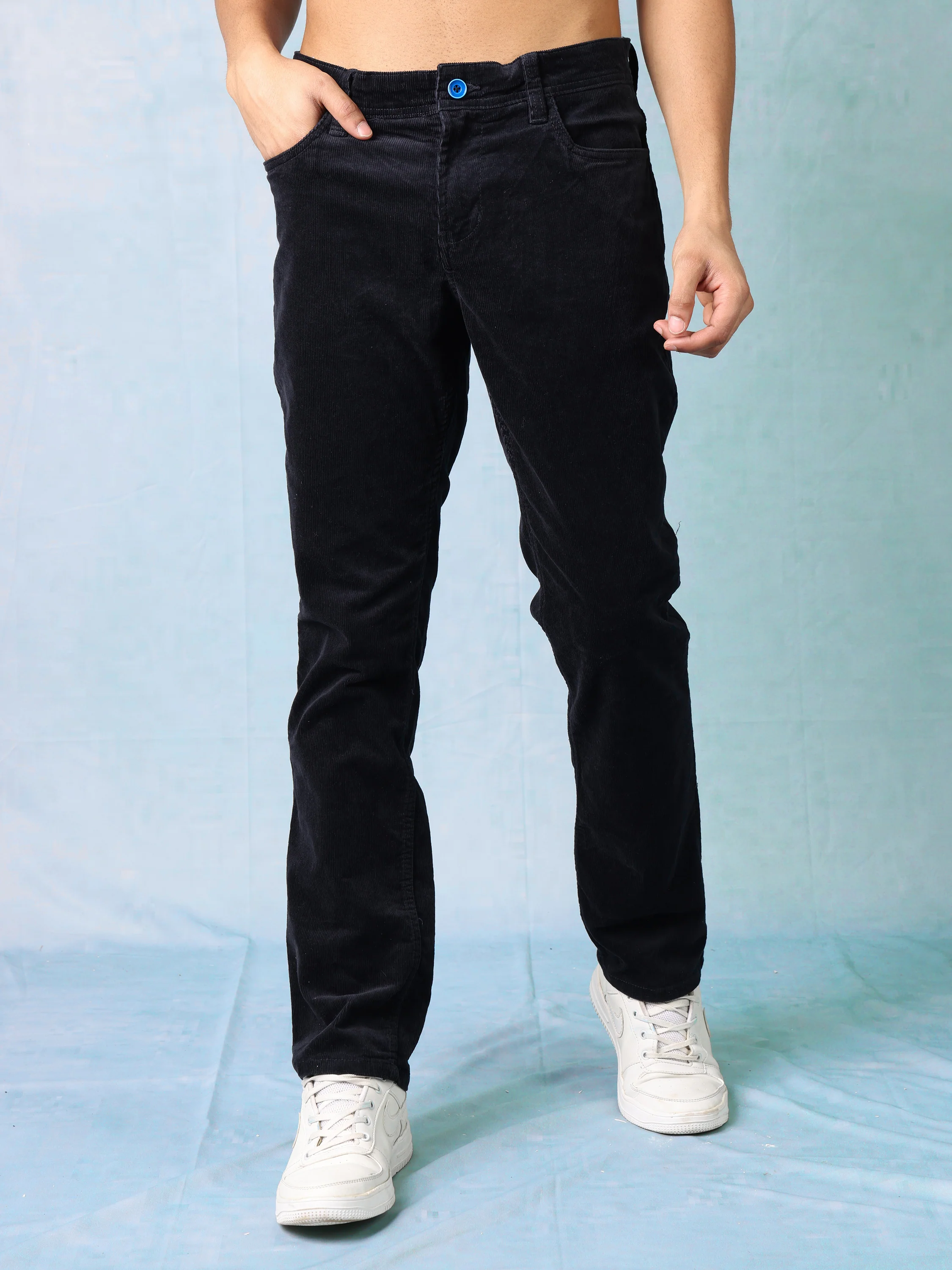 Men Black Straight Fit Corduroy Pants - Image 3