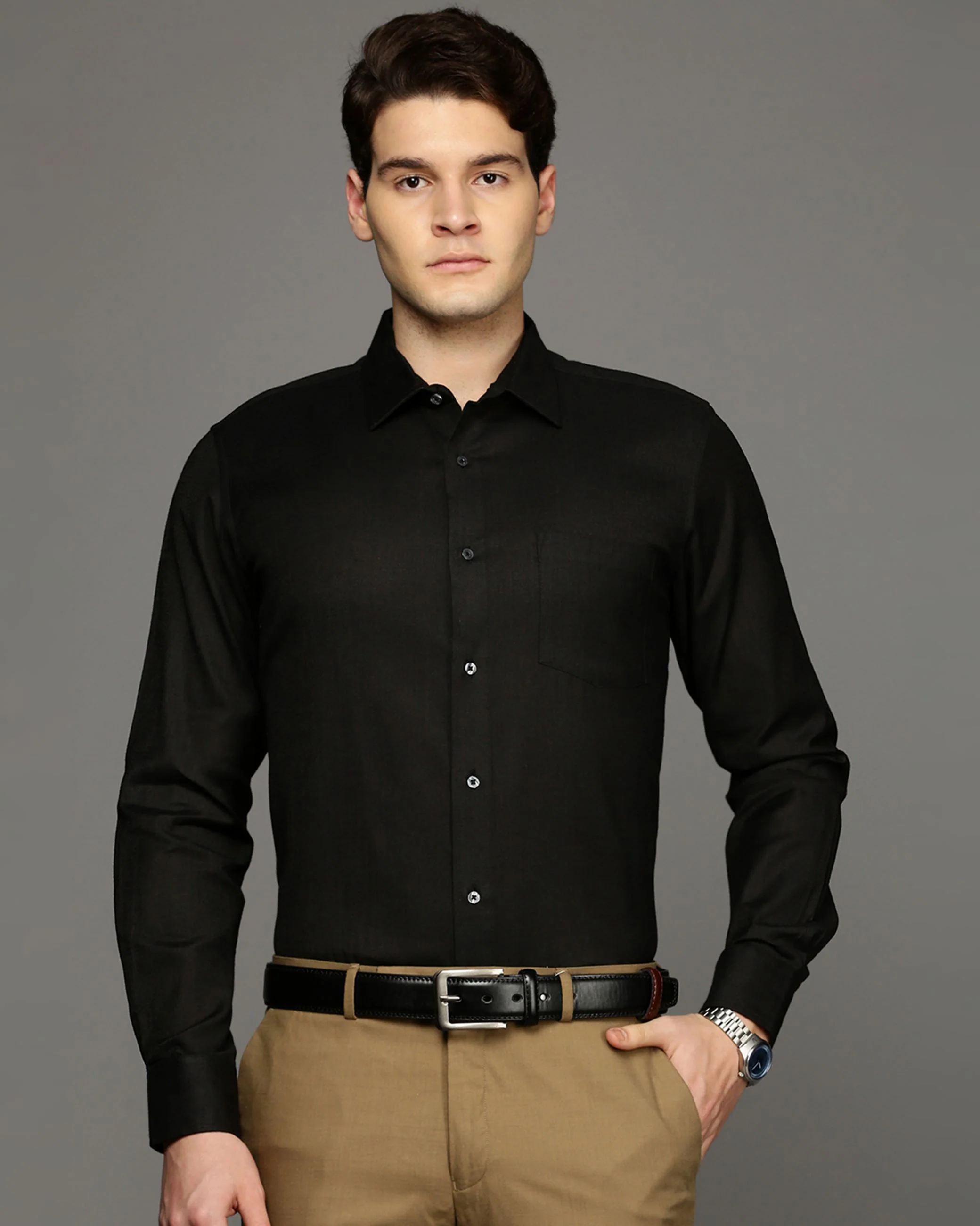 Men Black Cotton Blend Slim Shirt - Image 2