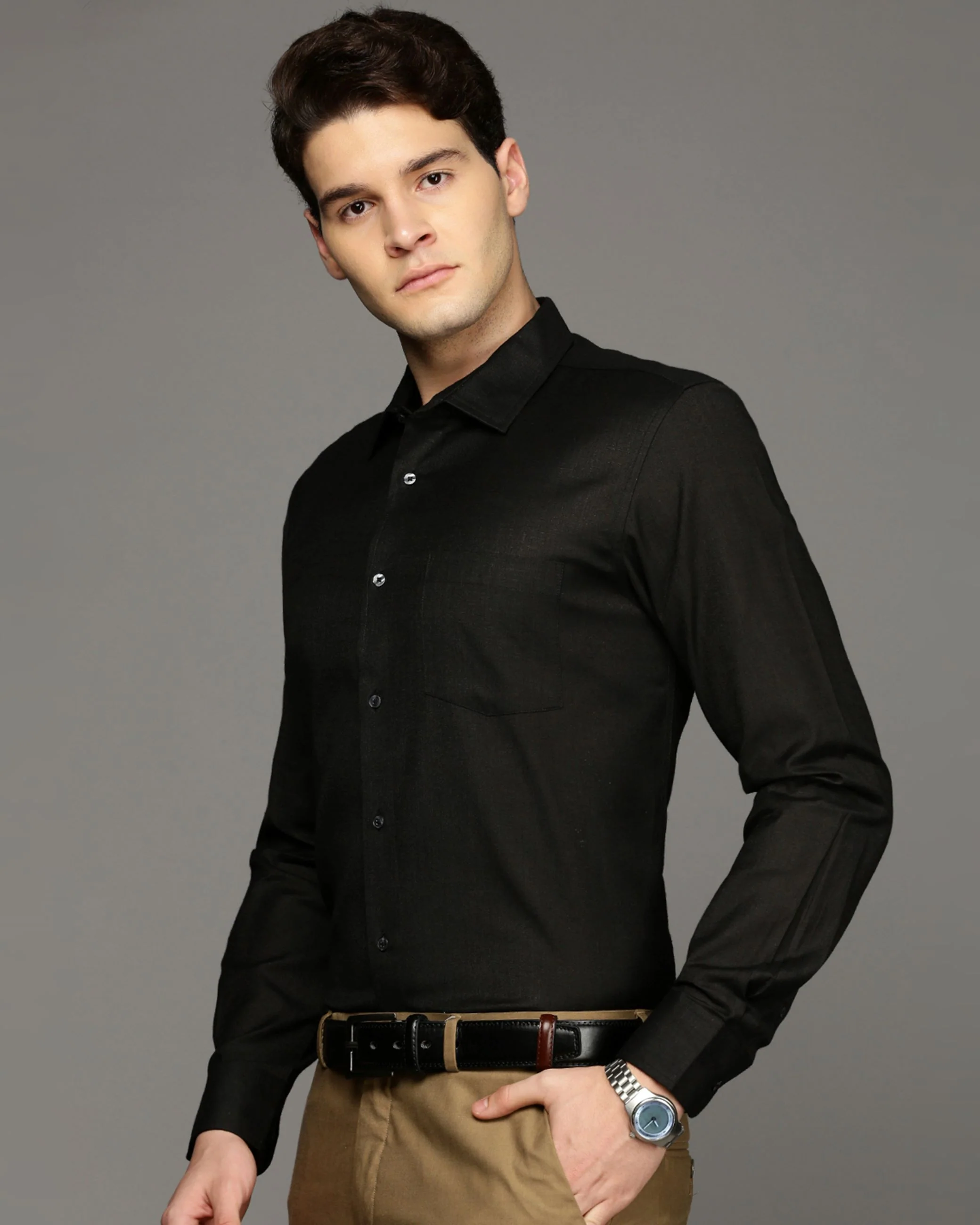 Men Black Cotton Blend Slim Shirt - Image 3