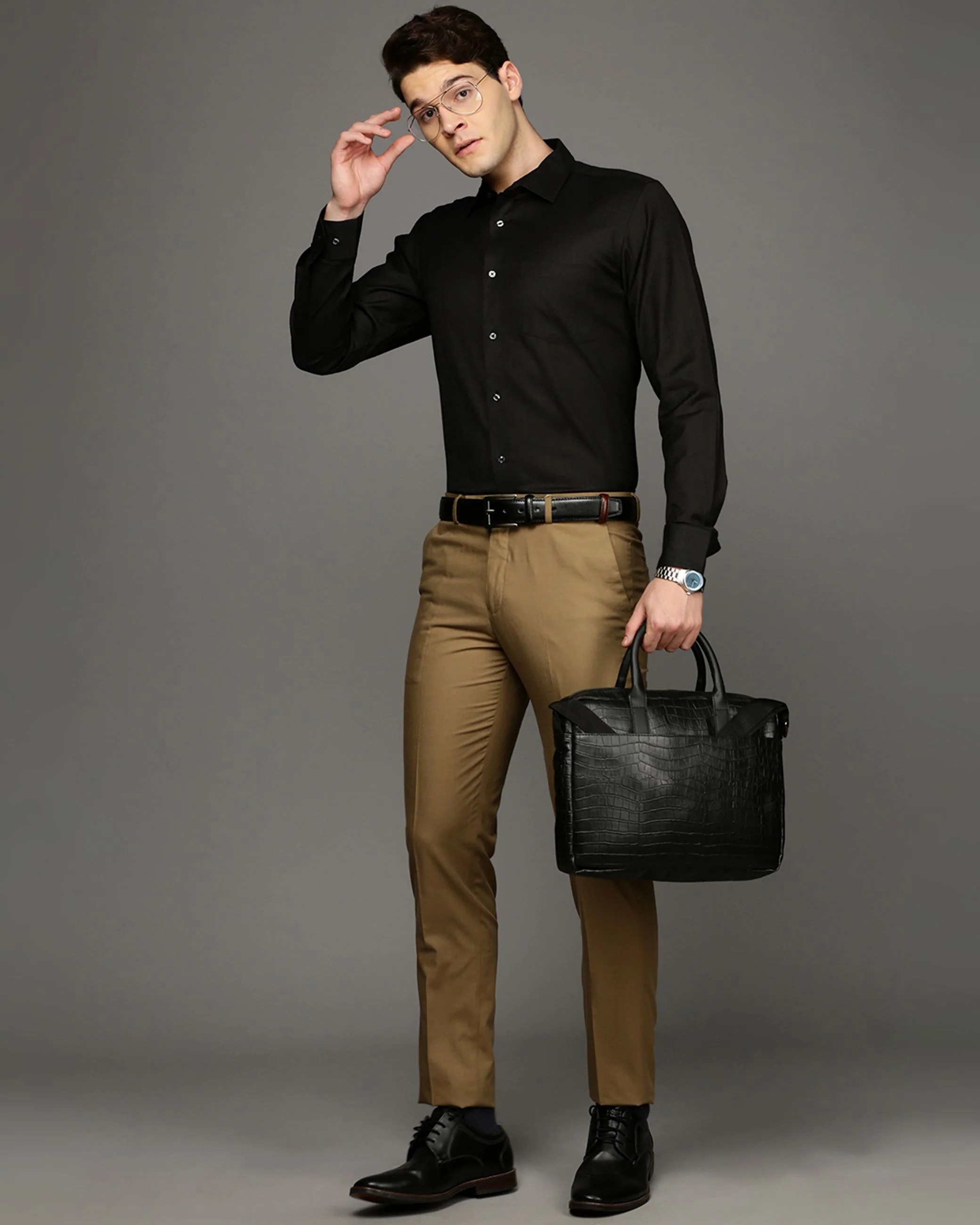 Men Black Cotton Blend Slim Shirt - Image 5