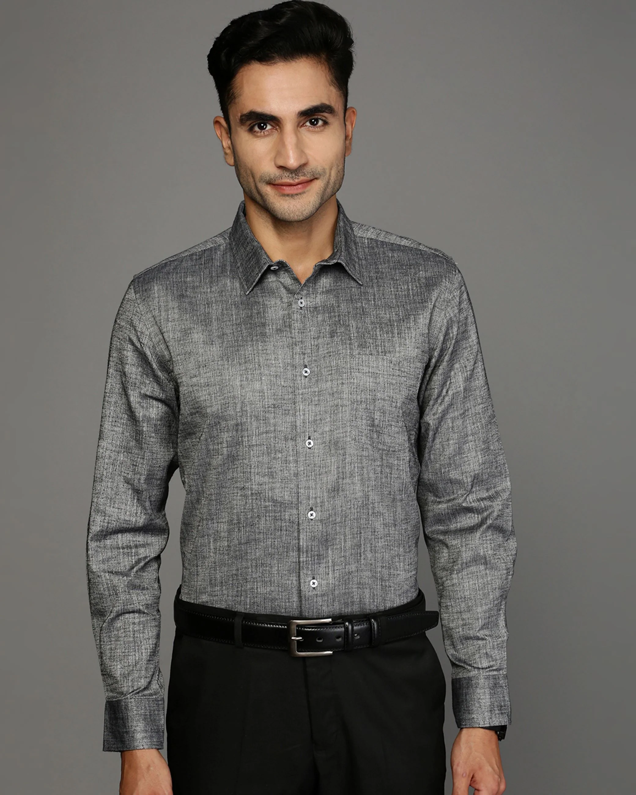 Men Black Cotton Blend Slim Shirt - Image 2